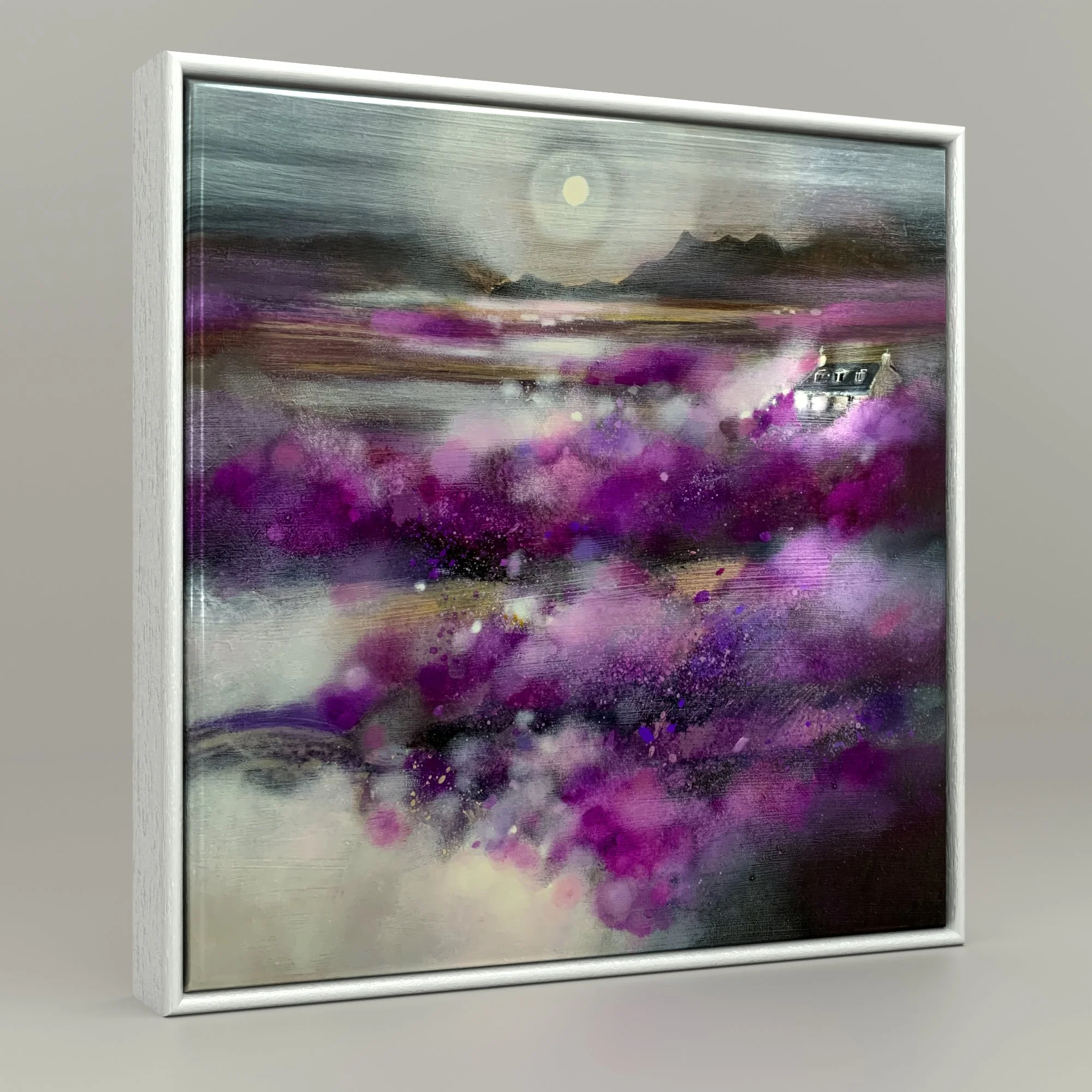 Isle of Skye Heather Scottish landscape framed ceramic tile featuring purple heather inspired by the Isle of Skye by Emma S Davis Artist.