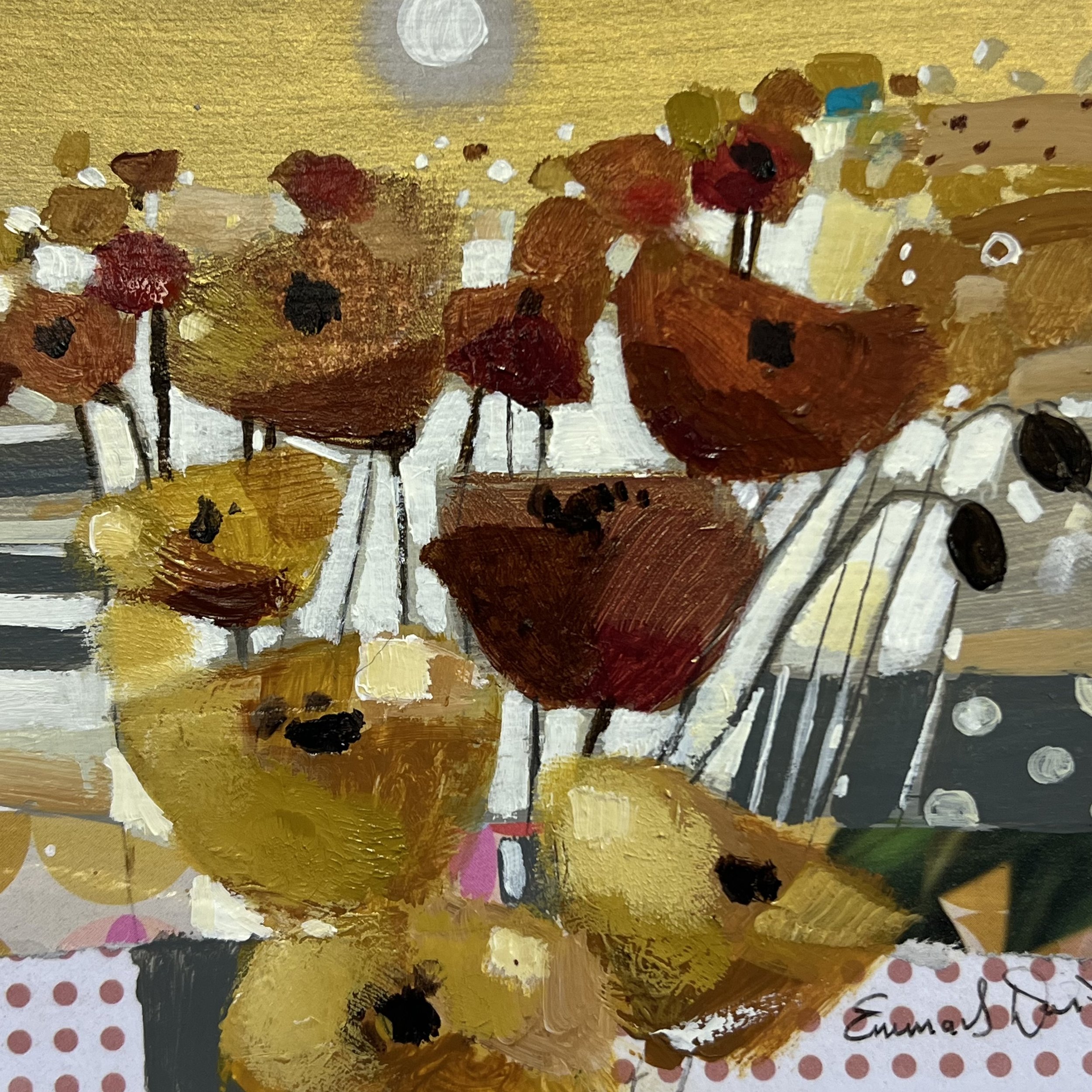 Golden by Emma S Davis Artist, an abstract small original painting displaying rich poppy filled fields of colour under a moonlit sky.