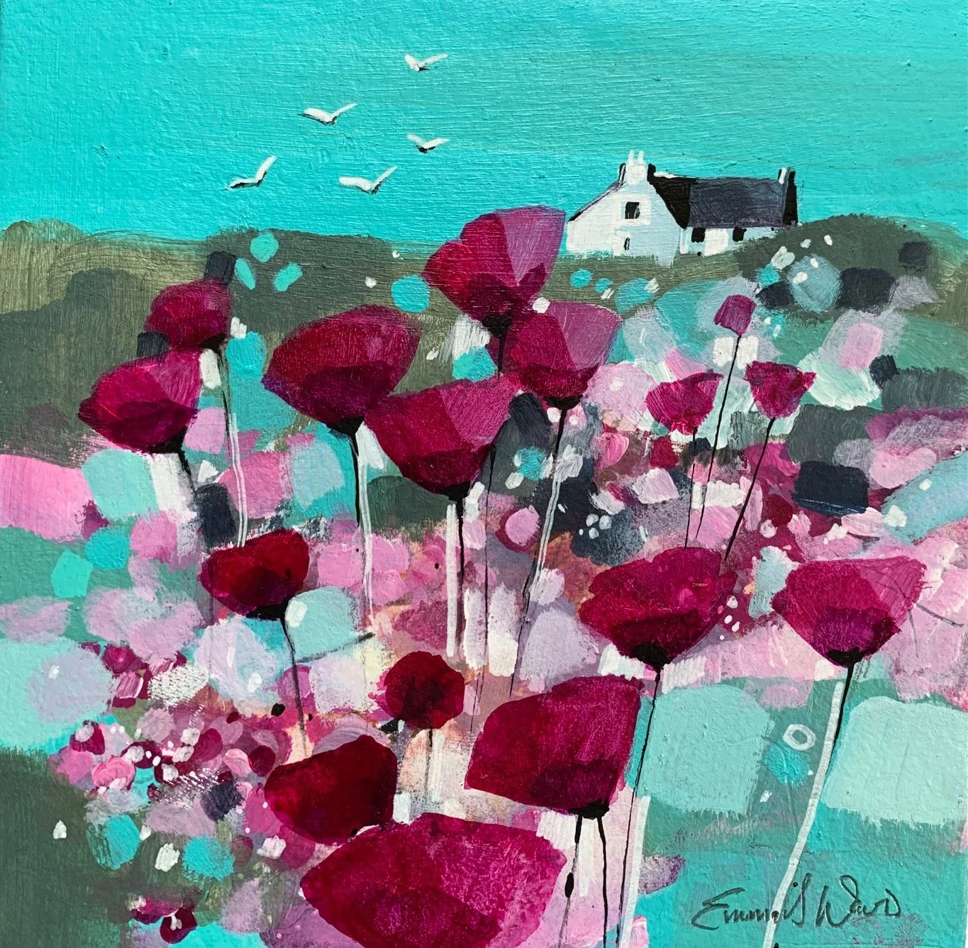'Together Flying High' - a colourful abstract landscape in this original small oil painting in white frame by Emma S Davis Artist