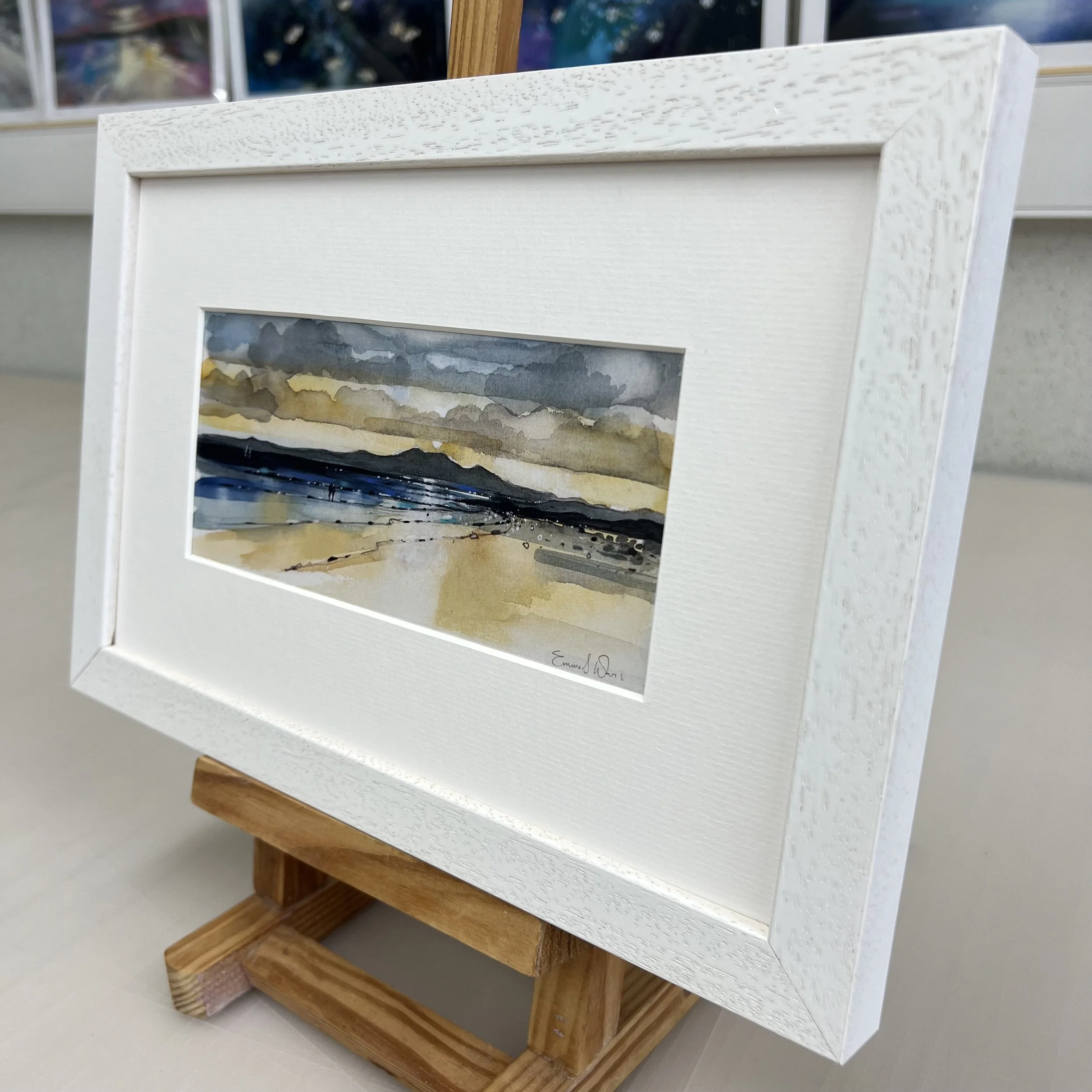 Sunset and Arran, Seamill - Framed Greetings Card by Emma S Davis Artist - white frame - side view