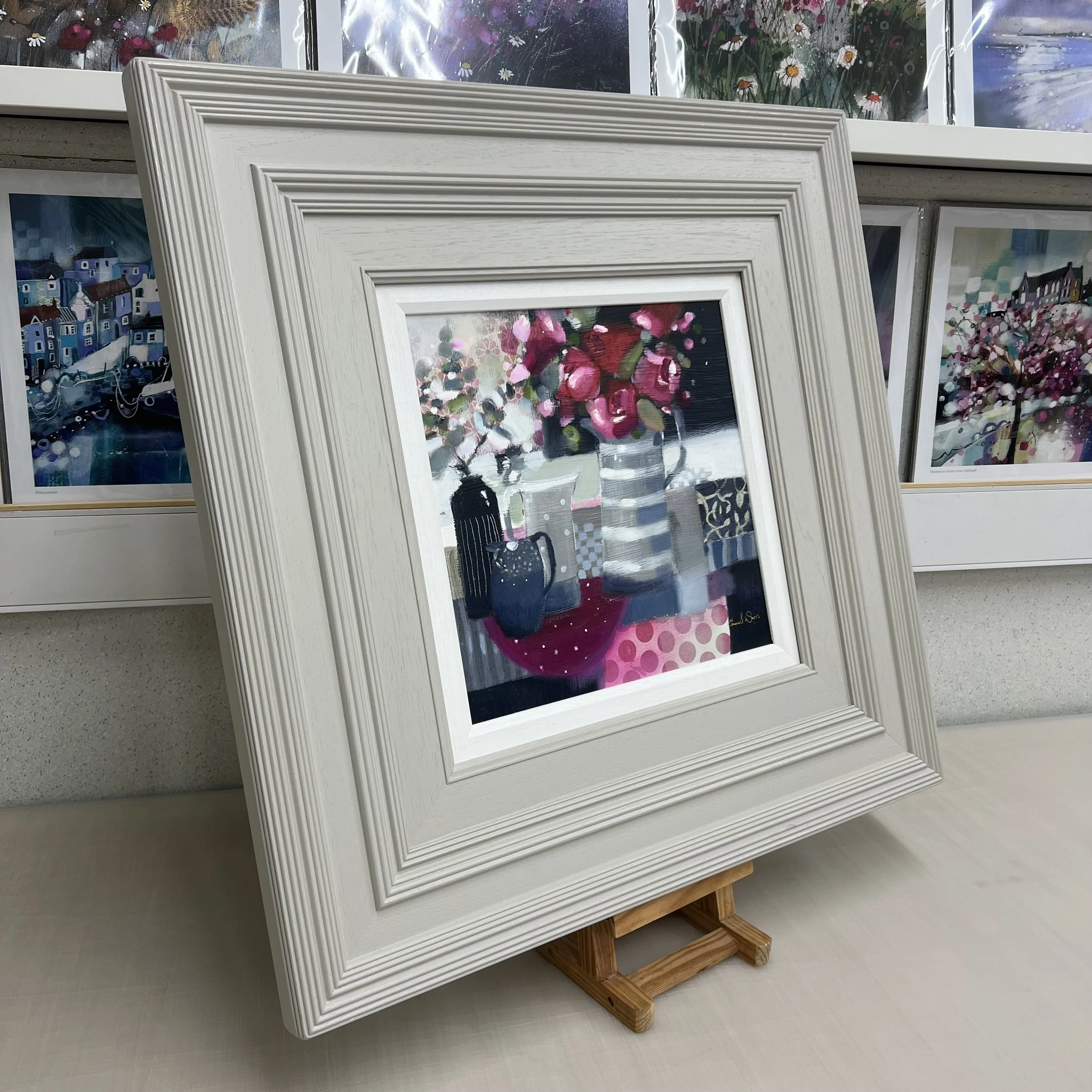 Always and Forever original mixed media floral still life painting by Scottish artist Emma S Davis featuring contemporary ceramic vessels and pink flowers. Side view.