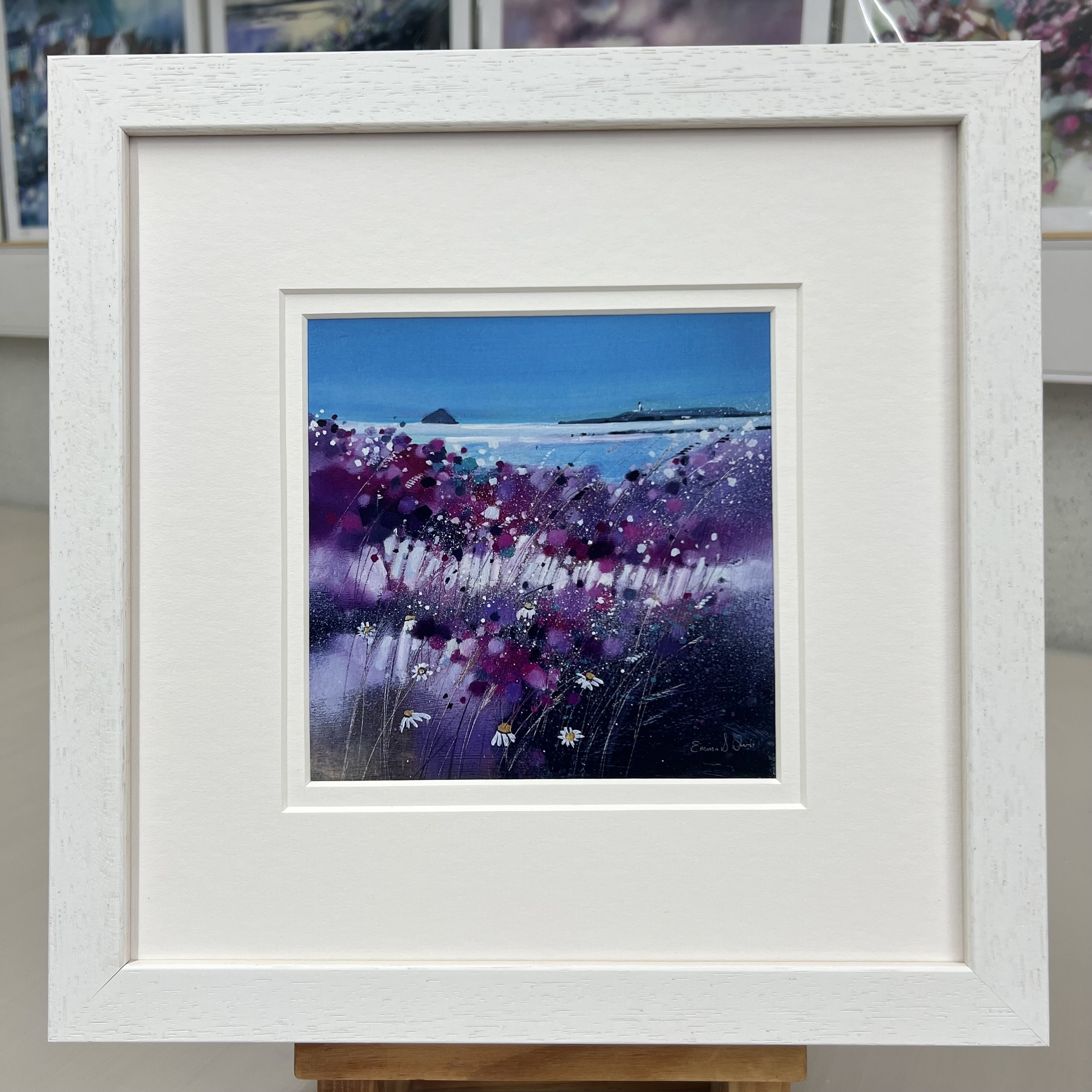 Framed Art Card Arran, Kildonan, Ailsa Craig by Scottish Landscape Artist Emma S Davis. White Frame Double Mount
