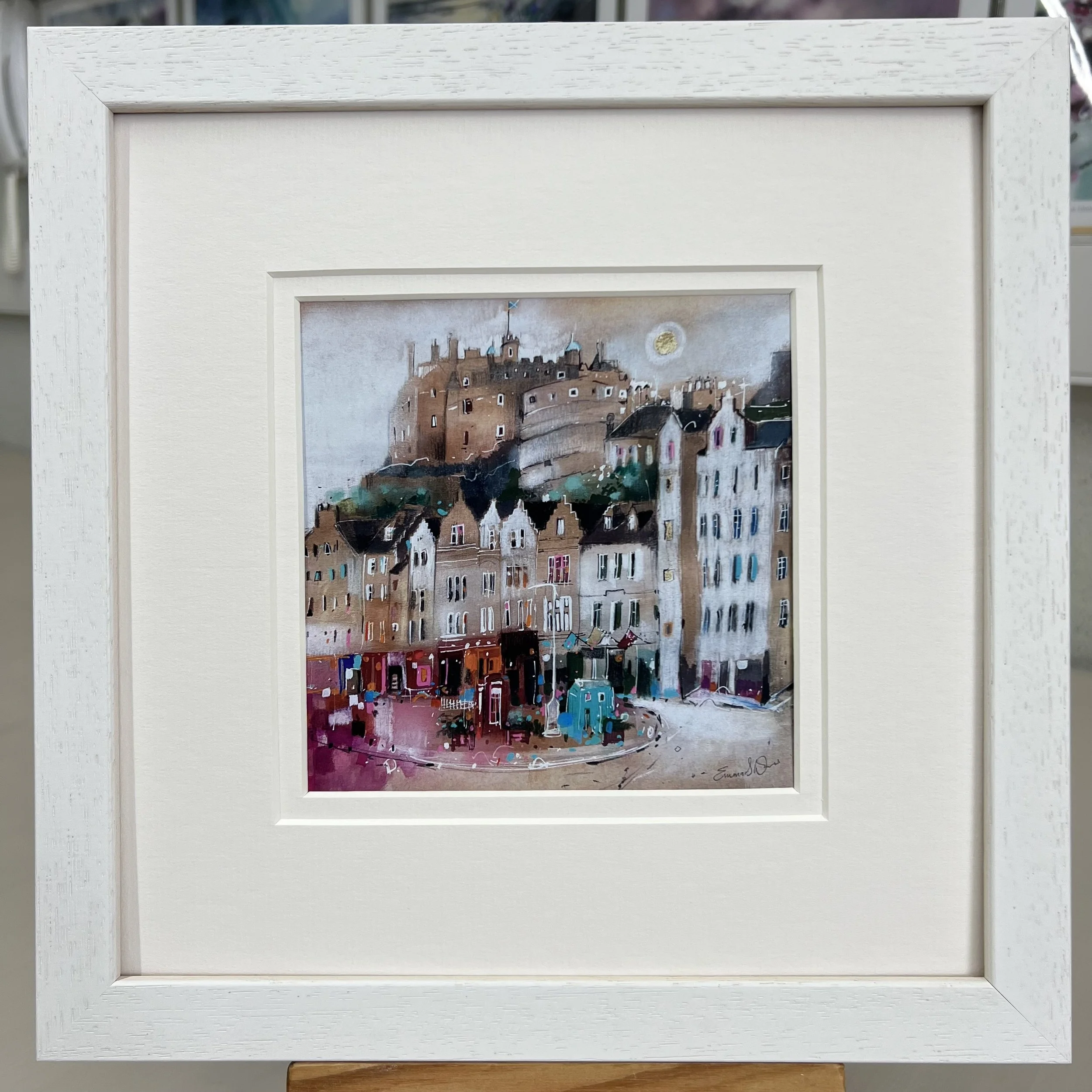 Moonlight Grassmarket Edinburgh framed art card featuring Edinburgh Castle overlooking the historic Grassmarket area of Edinburgh. Framed white single mount.