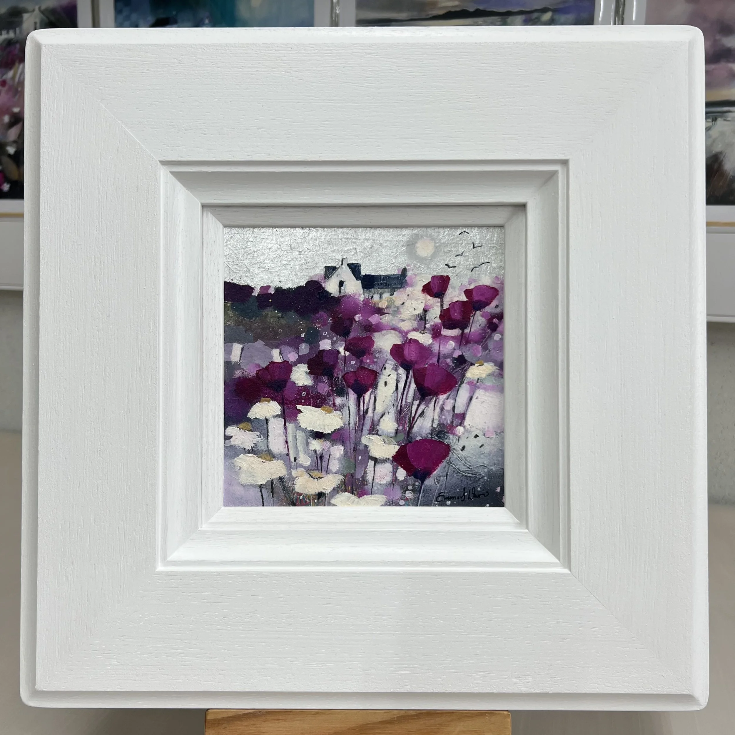 Original Scottish landscape painting of colourful moonlit fields of poppies and wildflowers by Emma S Davis Artist framed in white
