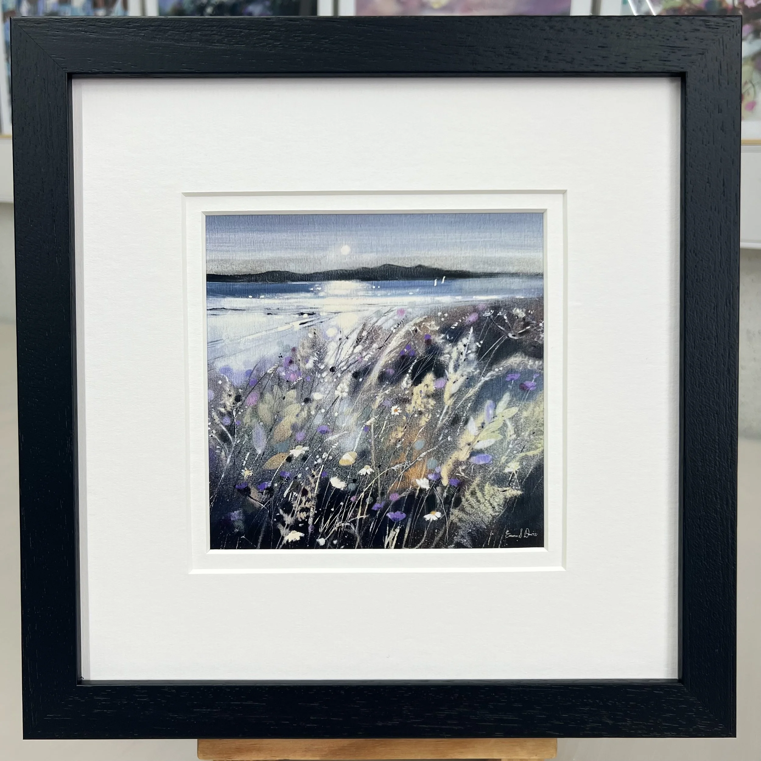 Framed Art Card Isle of Arran View by Scottish Landscape Artist Emma S Davis. Black Frame Double Mount