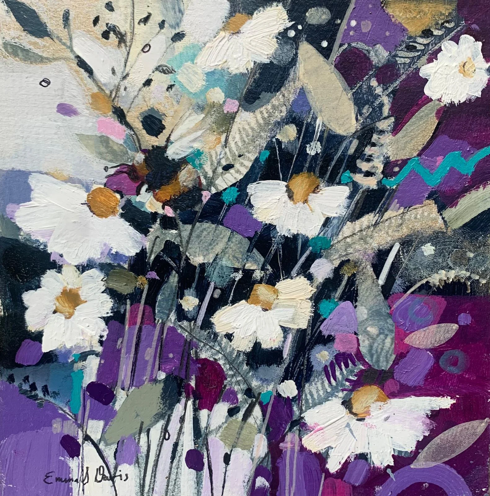 Original painting of bees at work amongst daisies and other wildflowers by Emma S Davis Artist