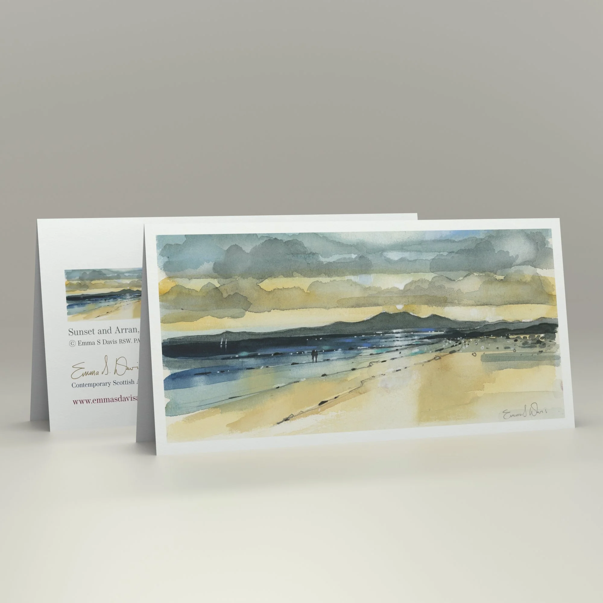 The view from Seamill beach, West Kilbride, looking towards the Isle of Arran, Scotland depicted beautifully in Emma S Davis Artist's art greeting card.