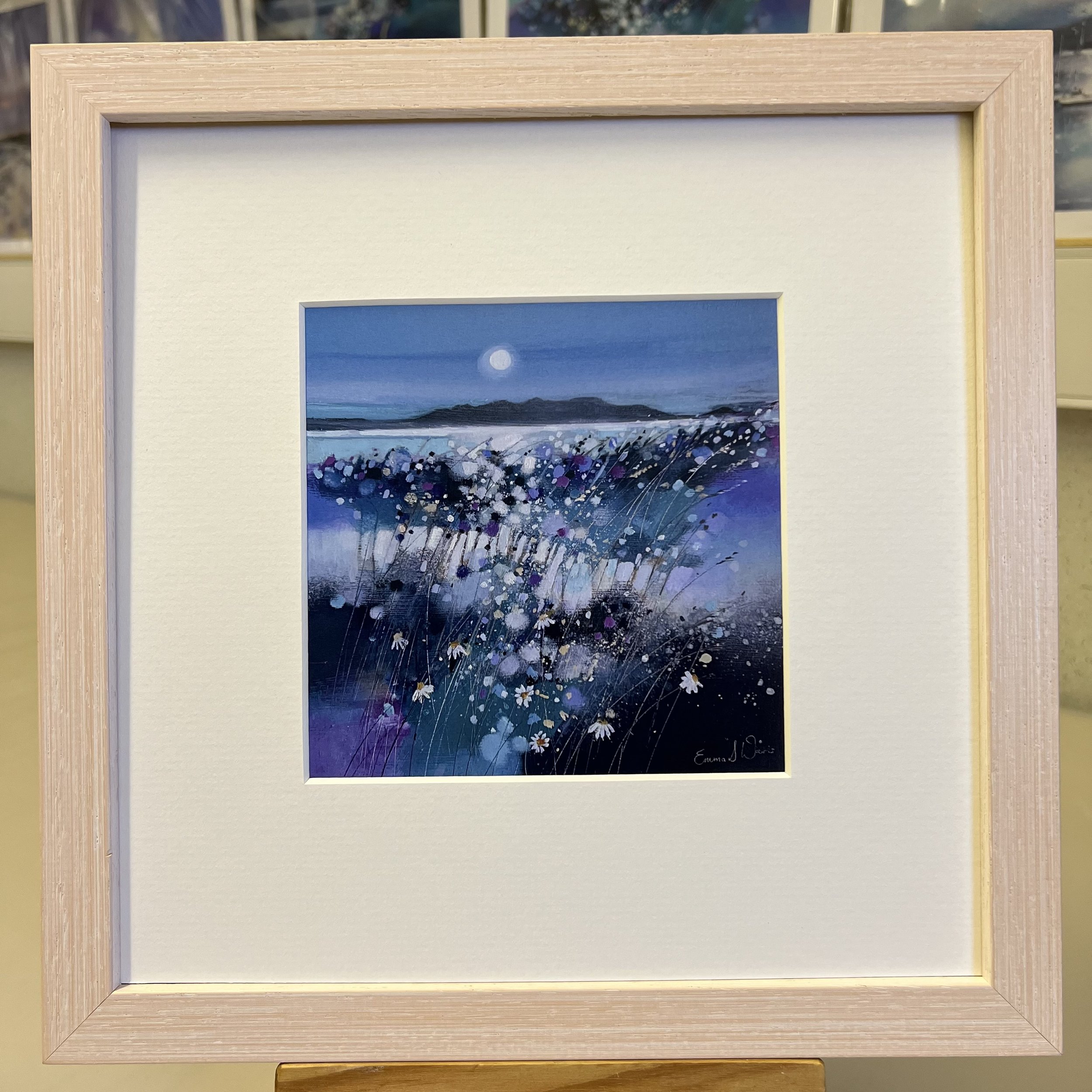 'Moonlight & Arran' framed art card by Emma S Davis Scottish landscape artist framed in limewash