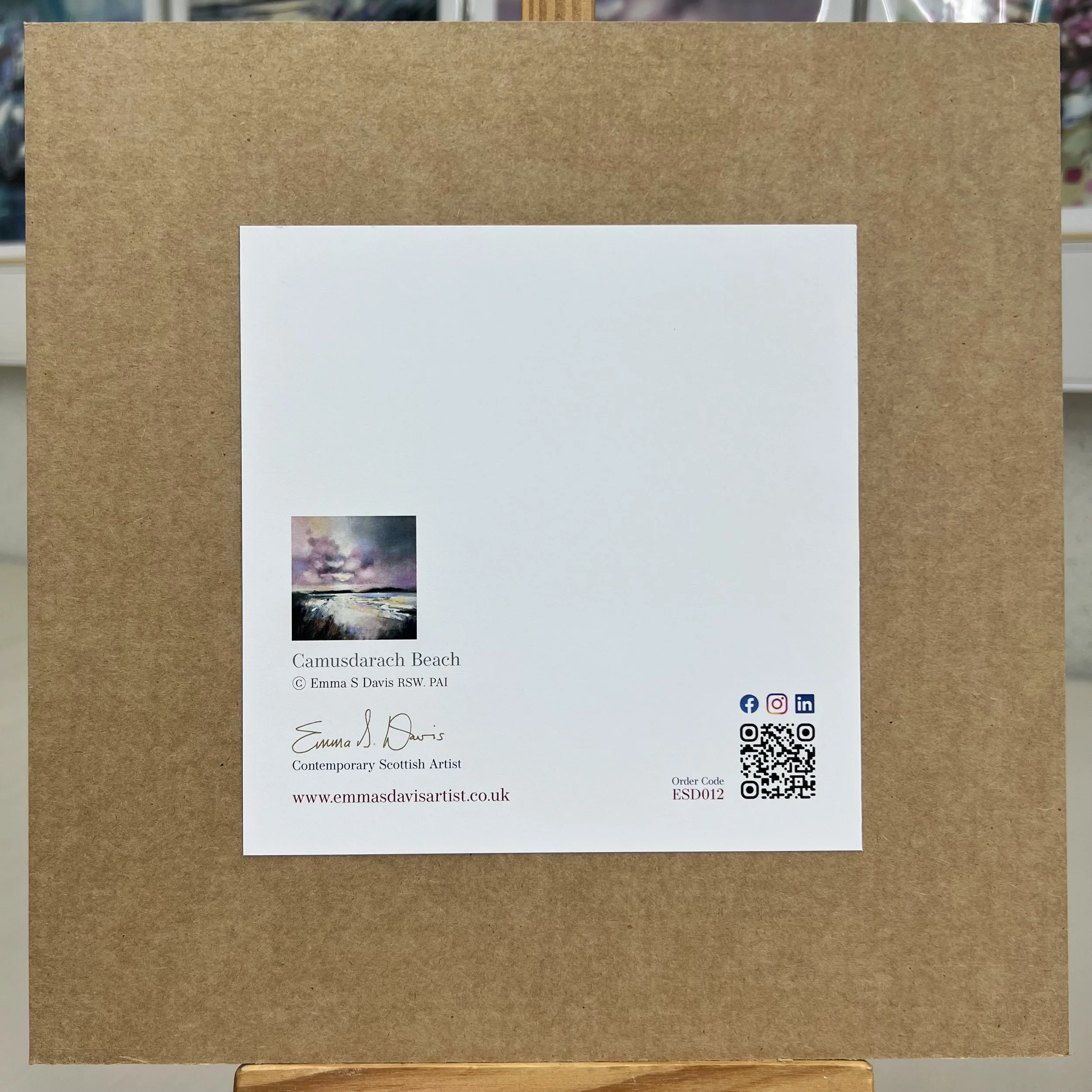 Greetings Card Camusdarach Beach, Arisaig by Scottish Landscape Artist Emma S Davis. Mounted option rear view.