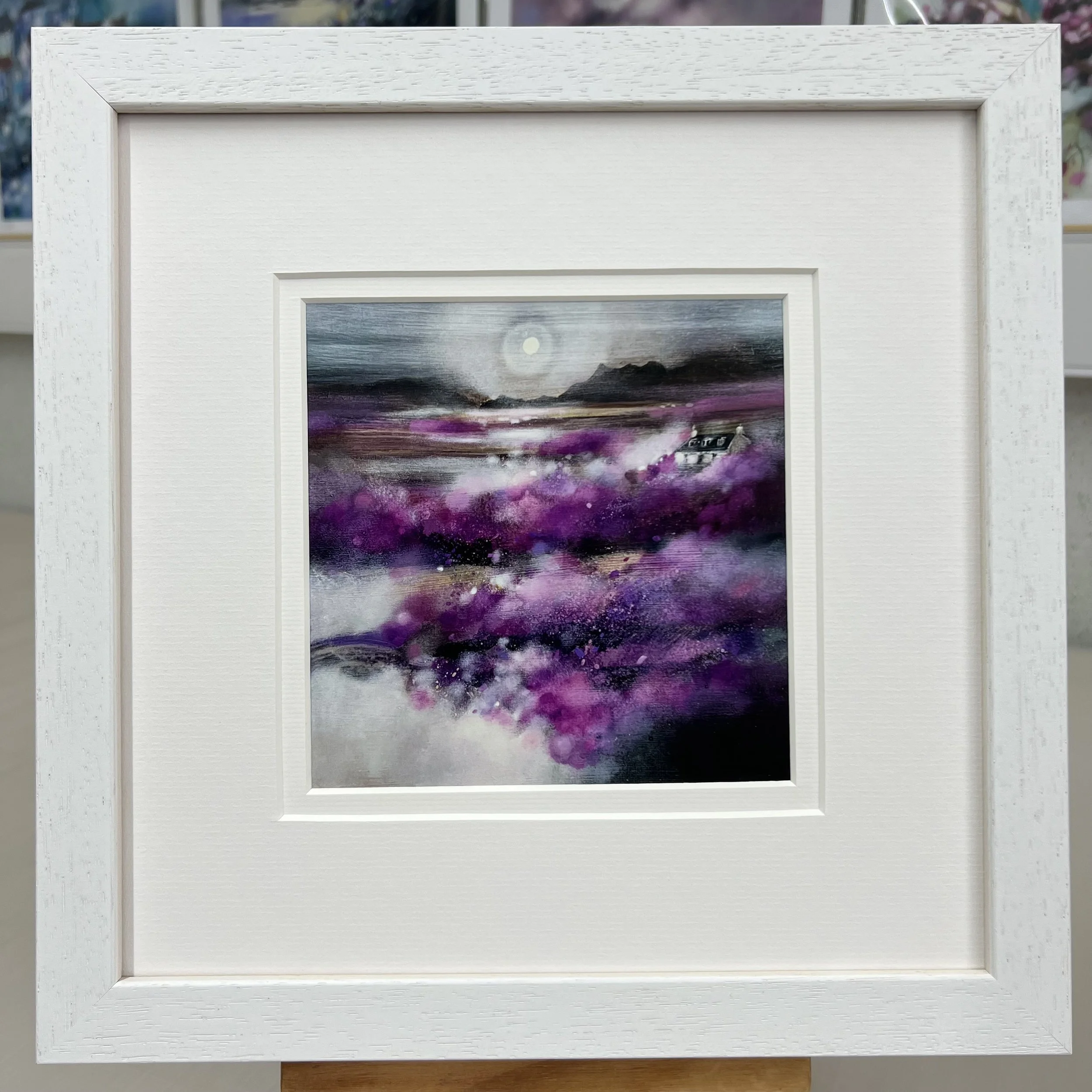 Isle of Skye Heather framed card ready to hang on your wall by Emma S Davis Scottish Landscape Artist double mounted in white frame