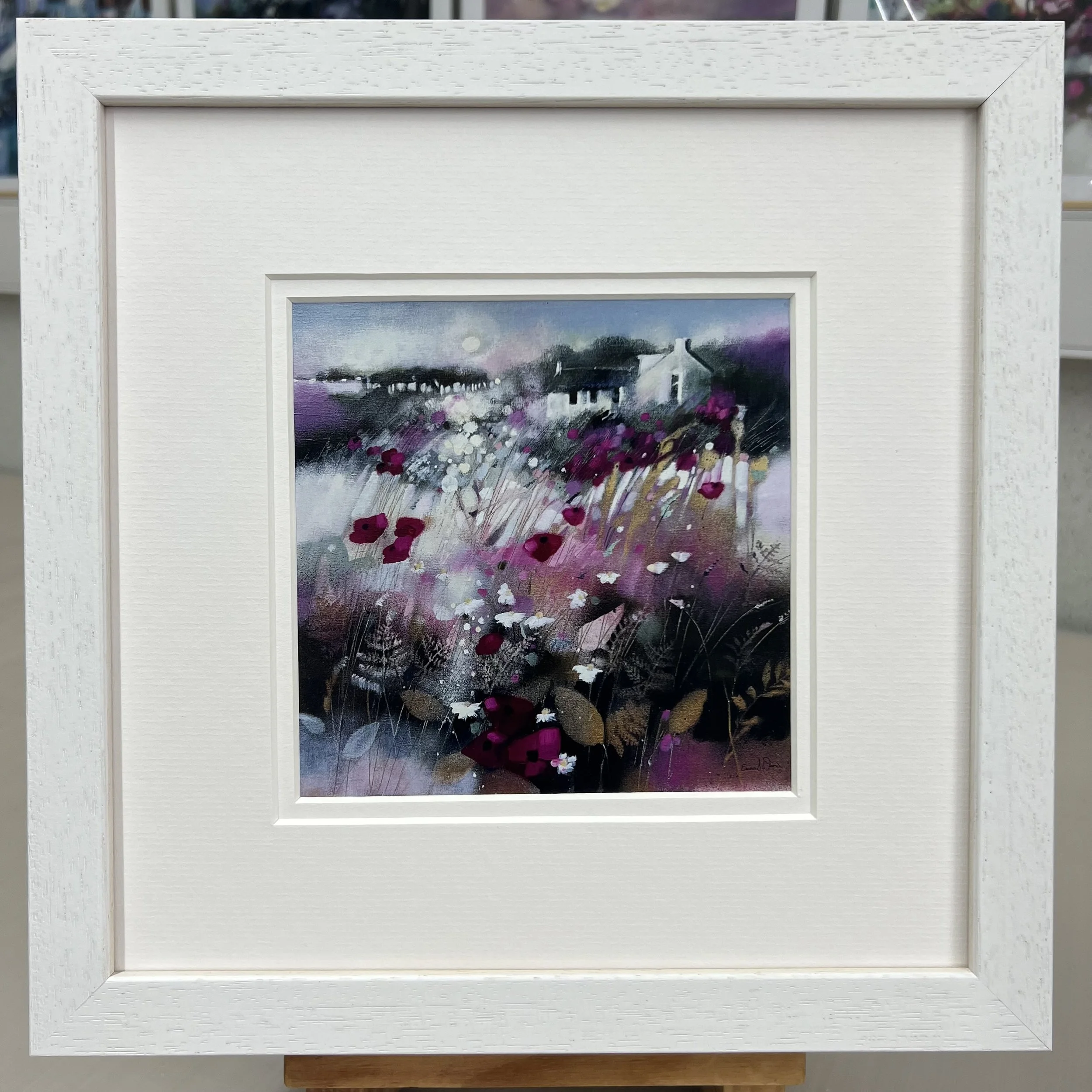 Framed Art Card Perthshire Poppies by Scottish Landscape Artist Emma S Davis. White Frame Double Mount