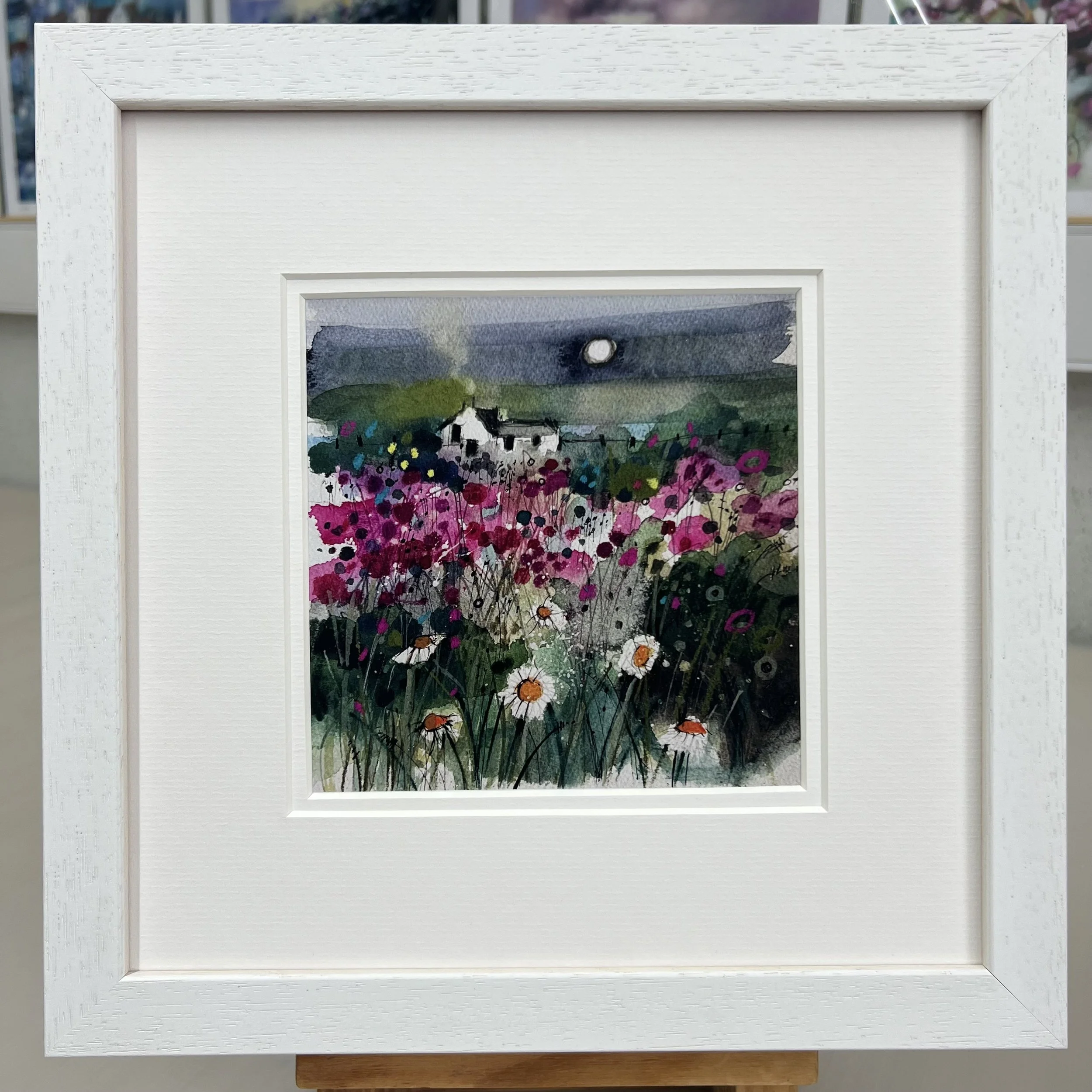 Framed Art Card Outer Hebrides Machair by Scottish Landscape Artist Emma S Davis. White Frame Double Mount
