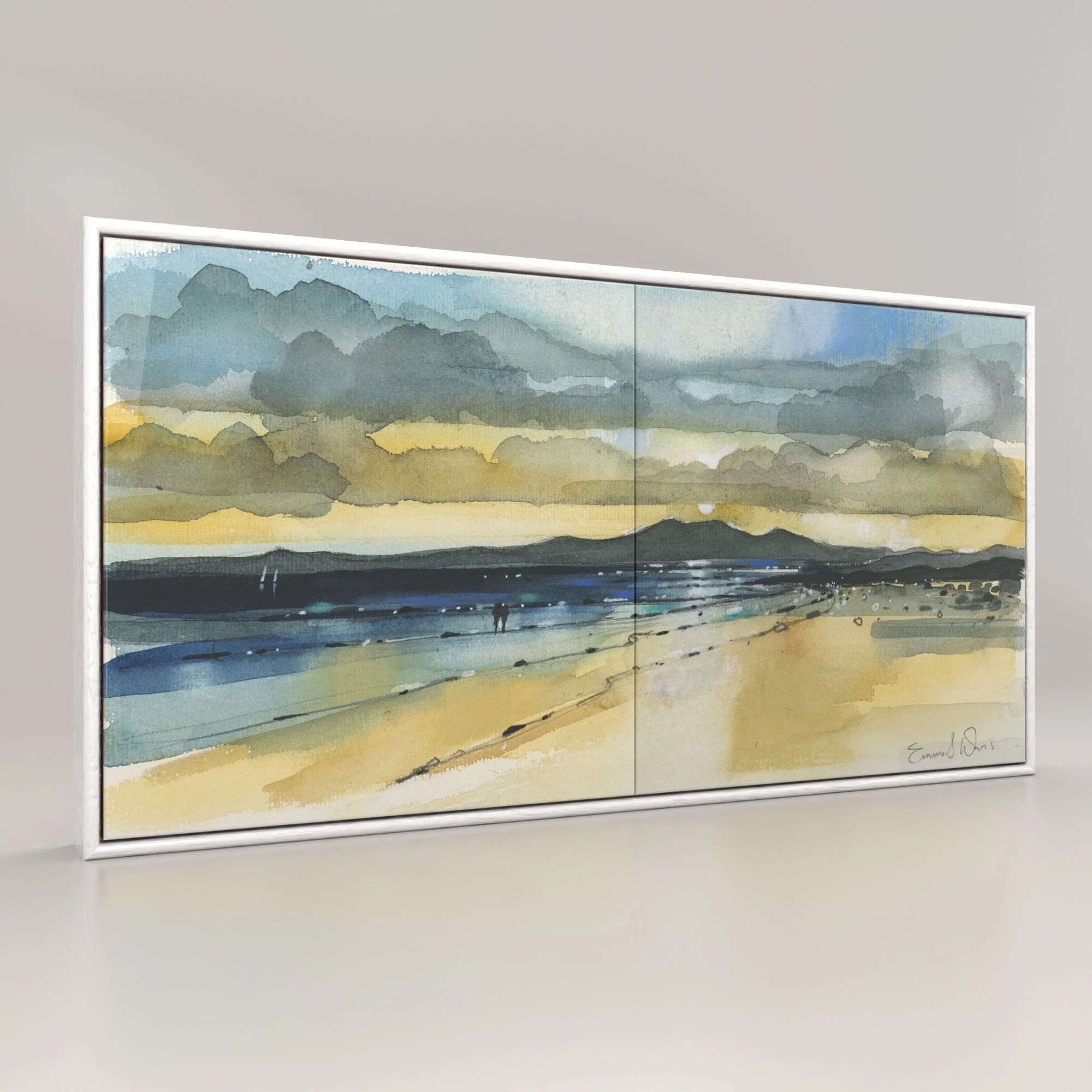 Art Print Framed Ceramic Tile of Sunset and Arran, Seamill by Scottish Landscape Artist Emma S Davis. Rendered image