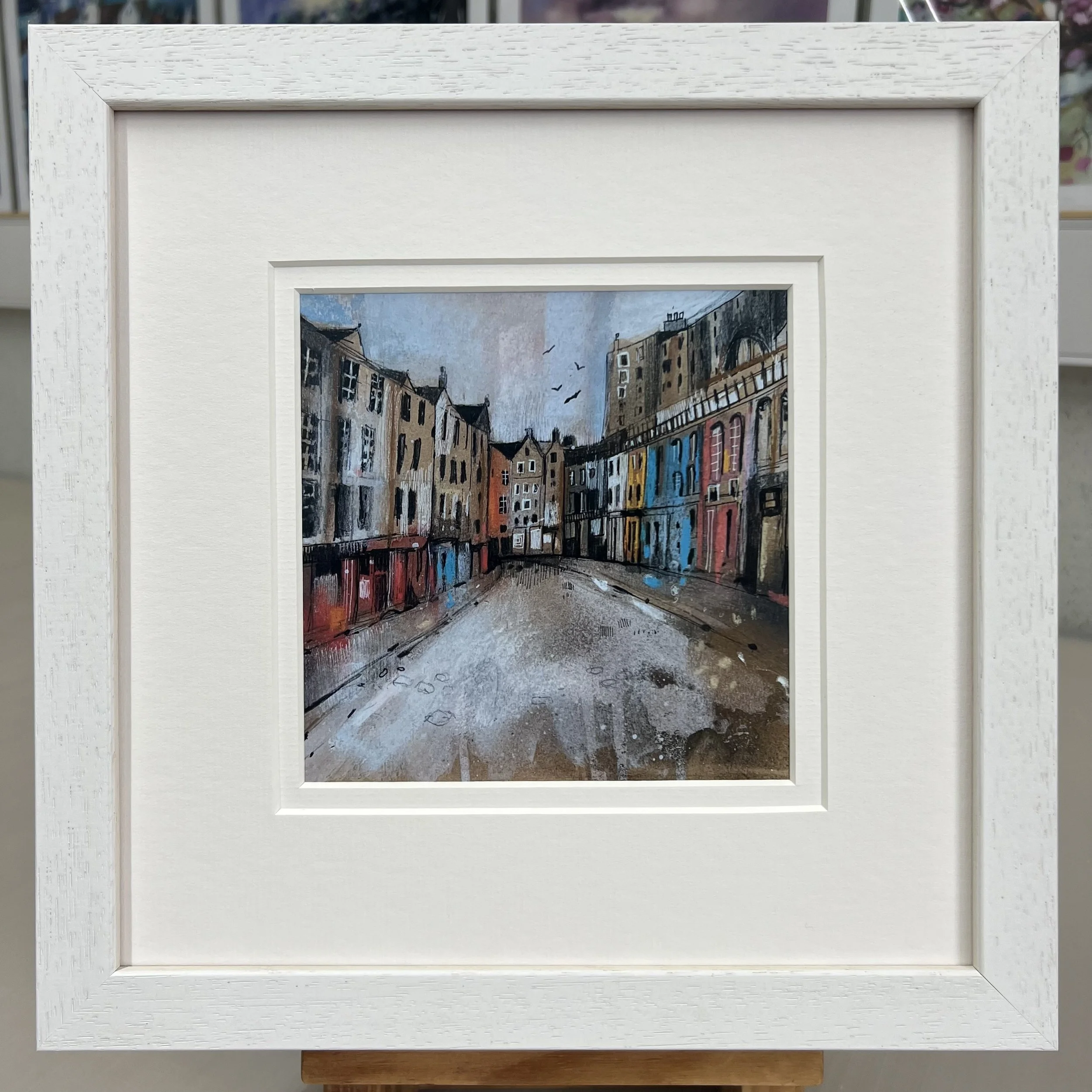 Framed Art Card Edinburgh Victoria Street by Scottish Landscape Artist Emma S Davis. White Frame Double Mount