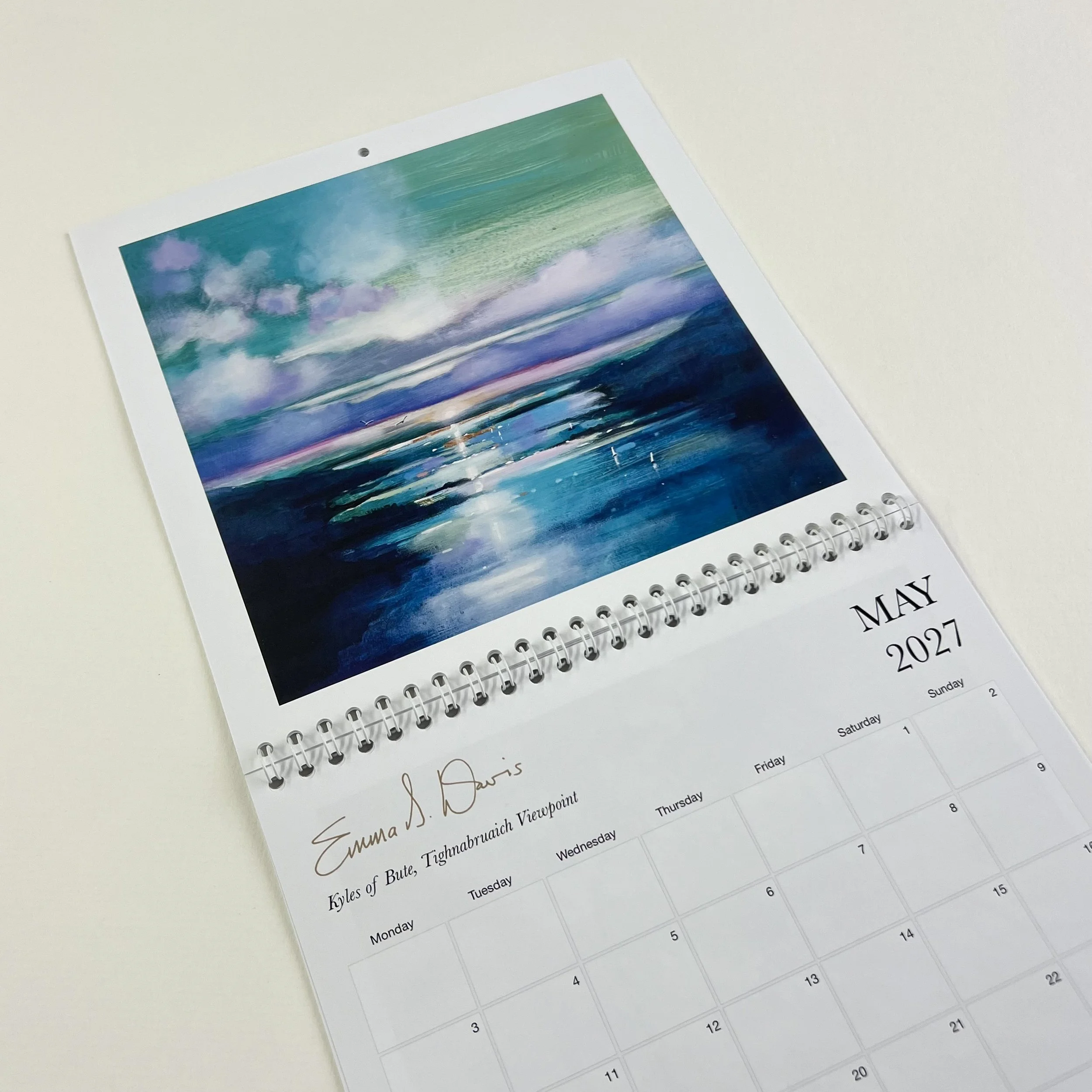 May 2027 page of Emma S Davis's Scottish Landscapes wall calendar featuring Tighnabruaich Viewpoint Kyles of Bute