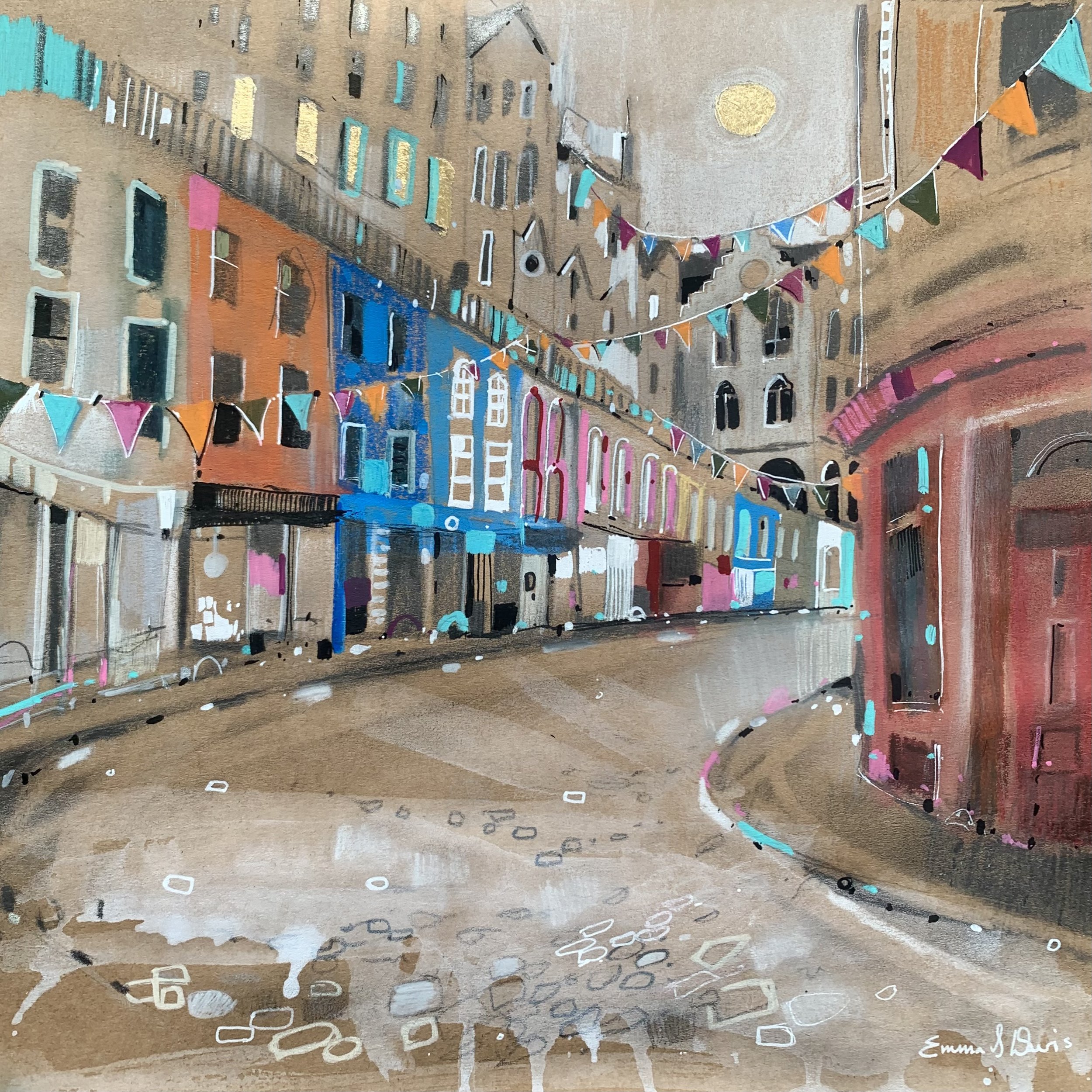 Bunting Victoria Street Edinburgh framed art card featuring colourful bunting and the famous curved street in Edinburgh, Scotland. Close up view.
