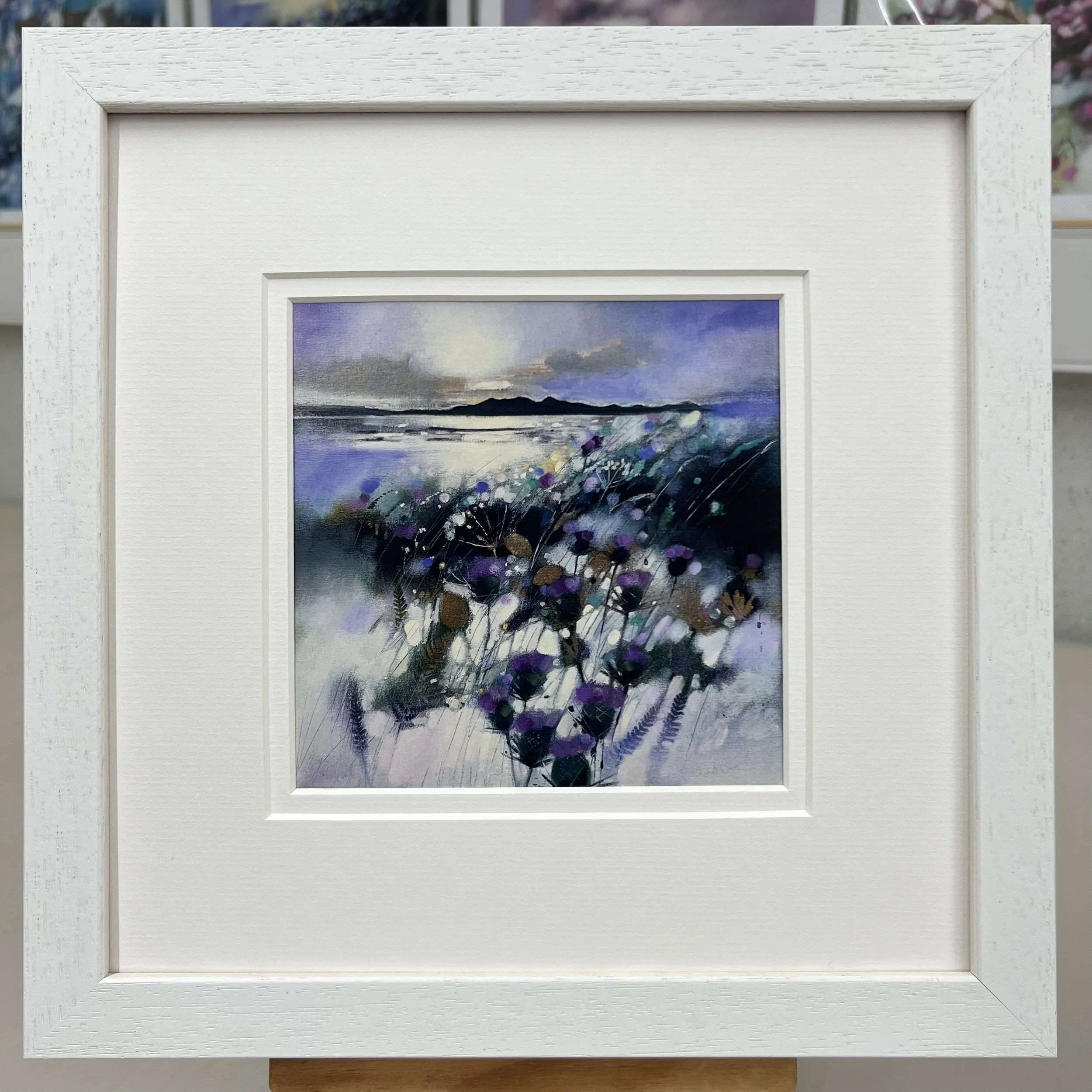 Framed Art Card Isle of Arran View Thistles by Scottish Landscape Artist Emma S Davis. White Frame Double Mount