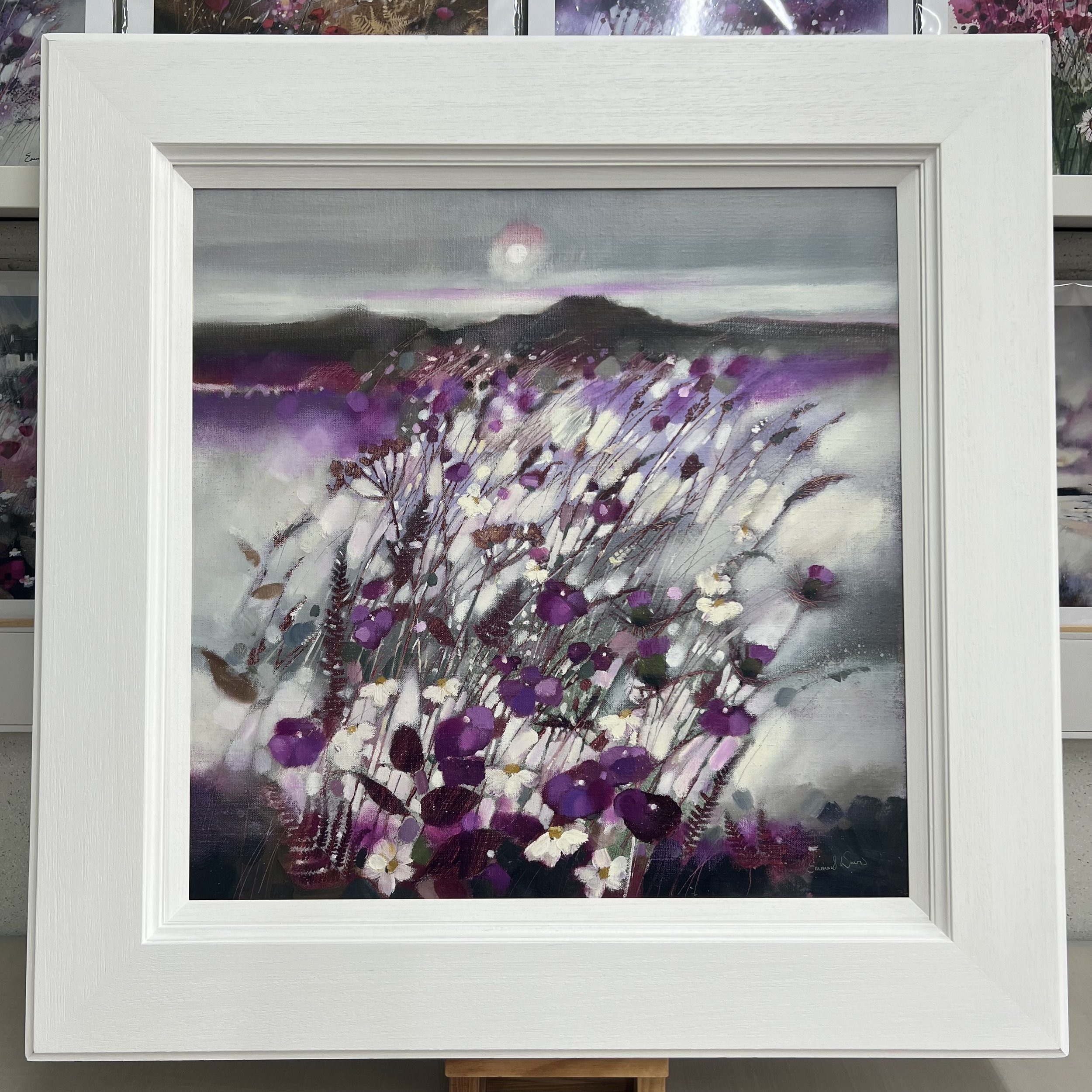 Original oil painting of Ben Lomond overlooking Loch Lomond with Scottish wildflowers in the foreground by Scottish artist Emma S Davis. Framed view.