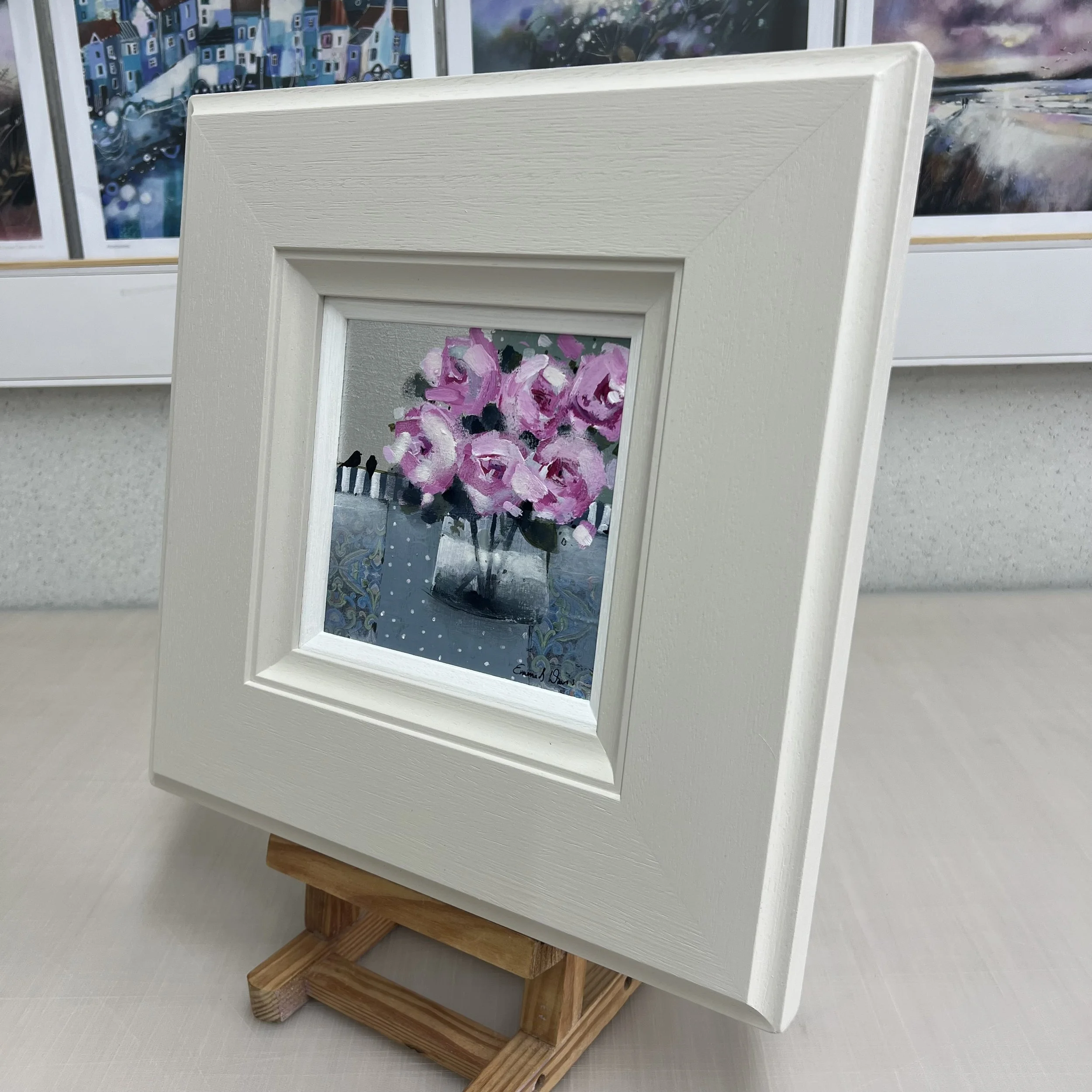 Framed original pink rose painting Sent with Love by Emma S Davis, Side view.