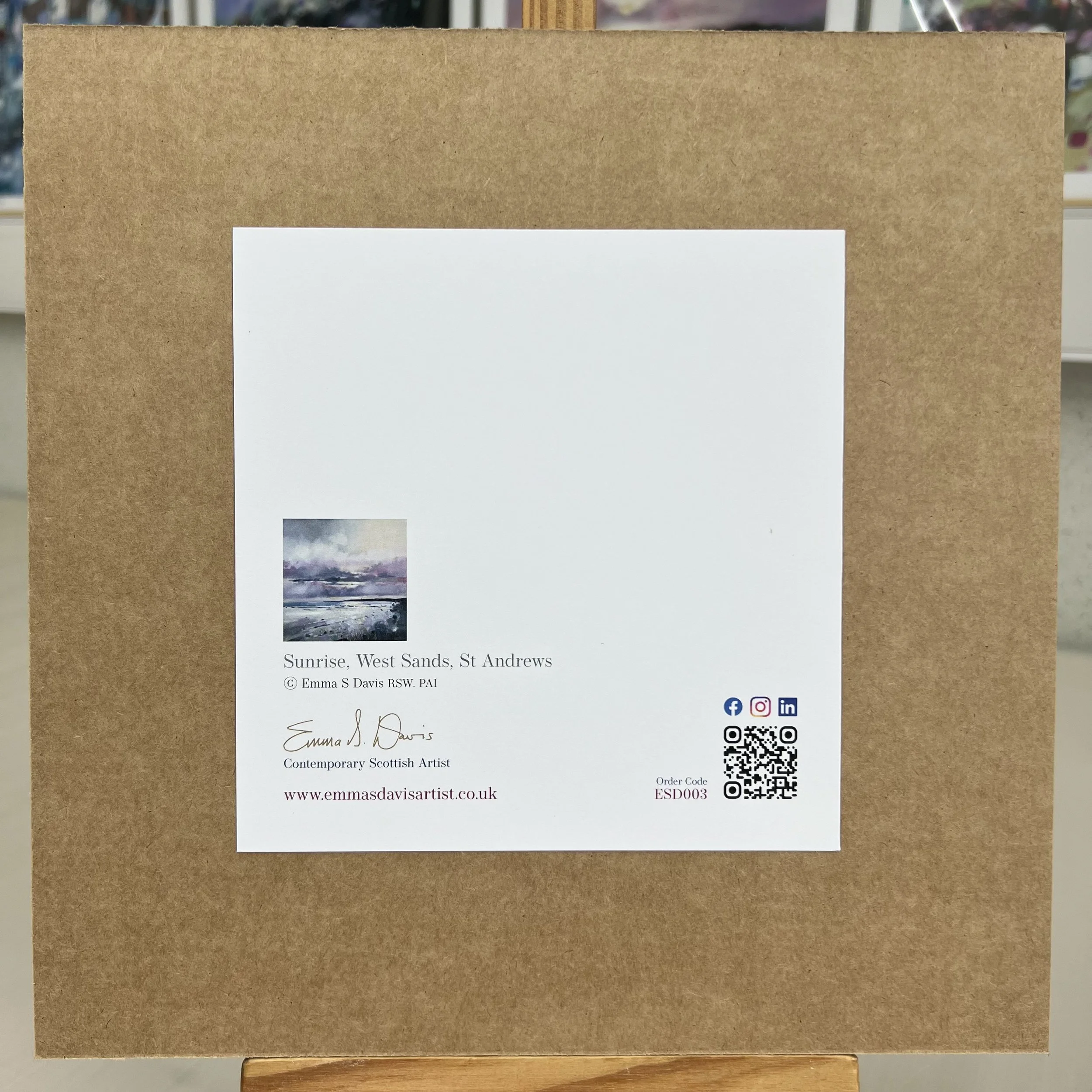 Greetings Card St Andrews West Sands Beach by Scottish Landscape Artist Emma S Davis. Mounted option rear view.