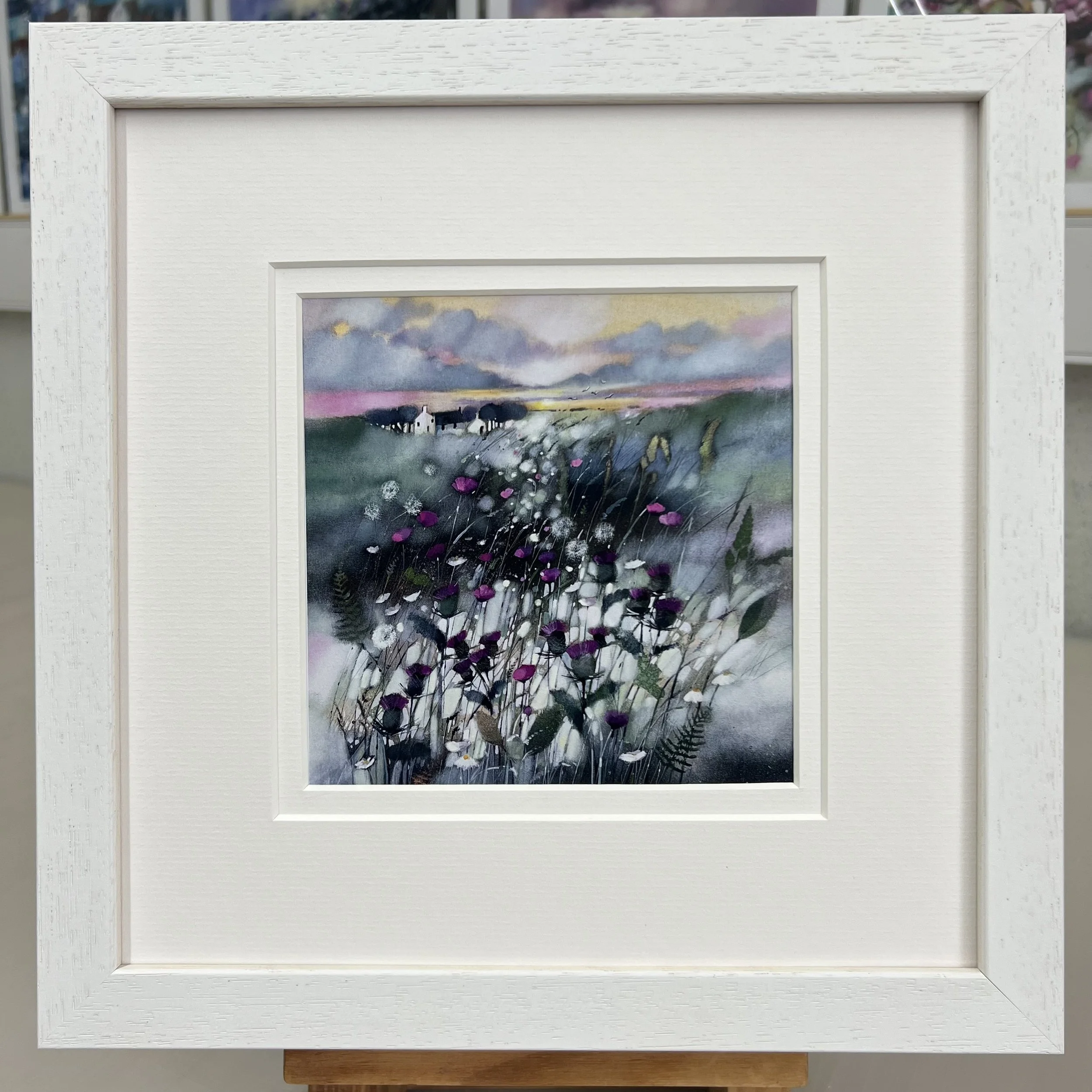 Framed Art Card The Thistle, Flower of Scotland by Scottish Landscape Artist Emma S Davis. White Frame Double Mount