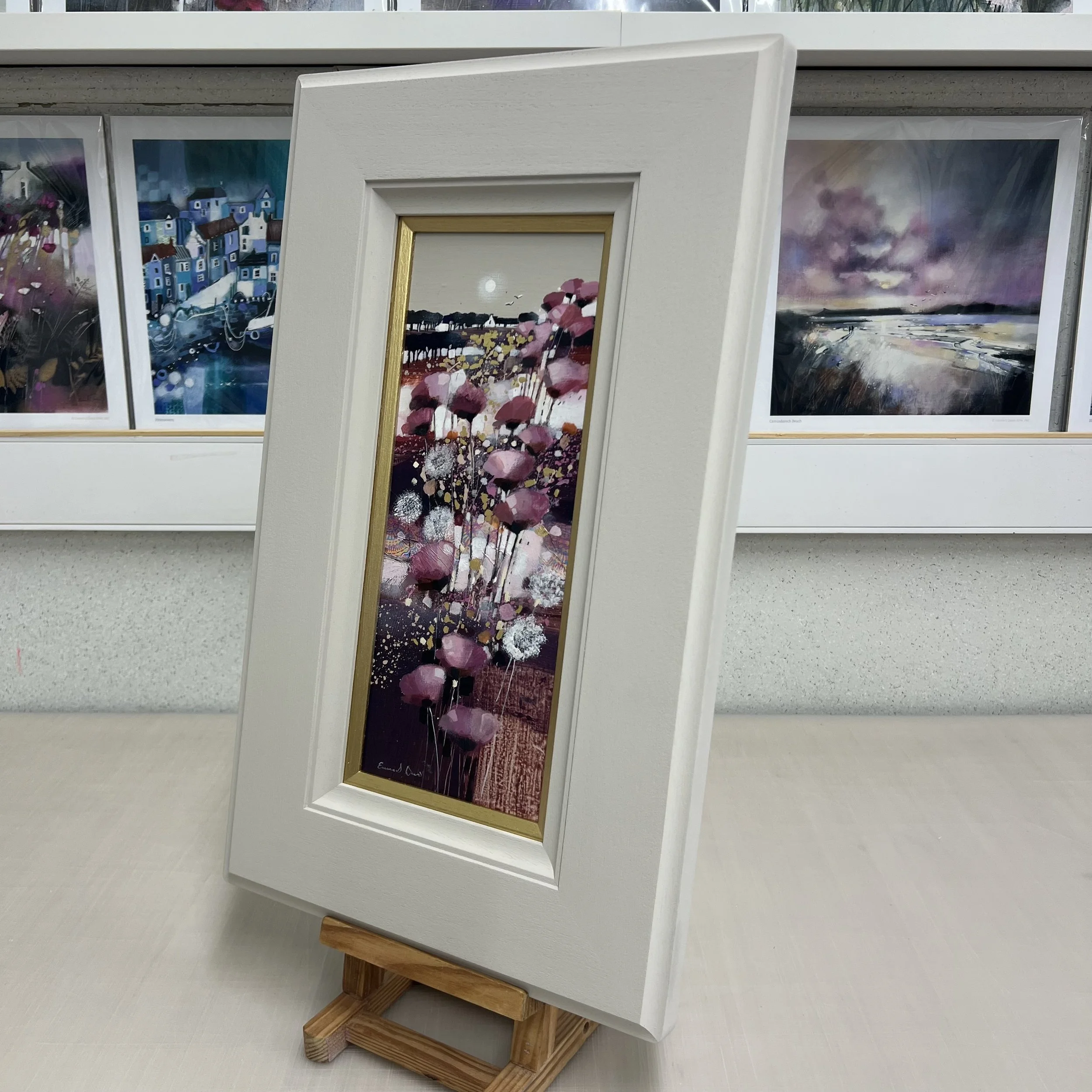 Blowing in the Wind original Scottish wildflower landscape painting with gold leaf. Side view.