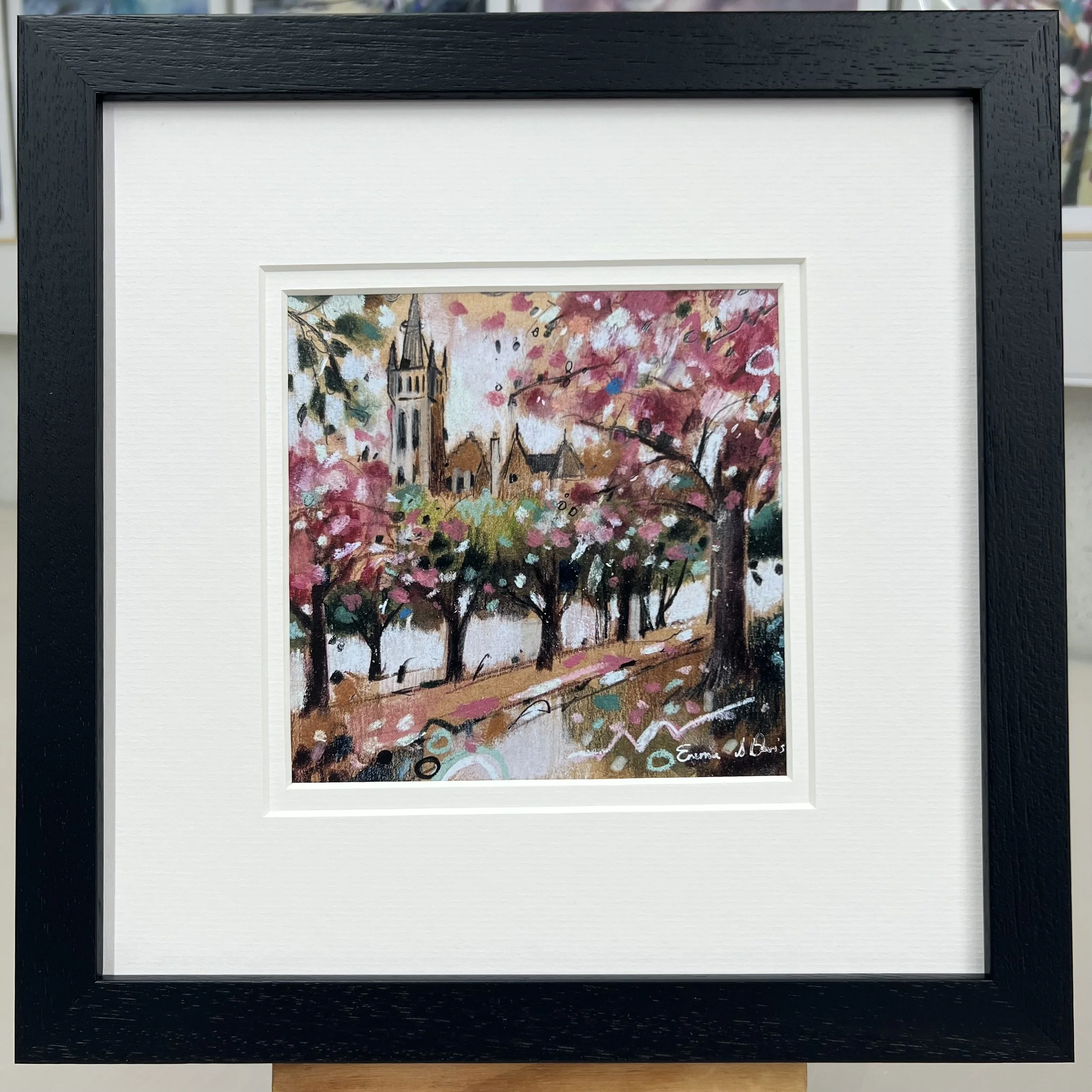 Framed Art Card Glasgow University in Spring by Scottish Landscape Artist Emma S Davis. Black Frame Double Mount