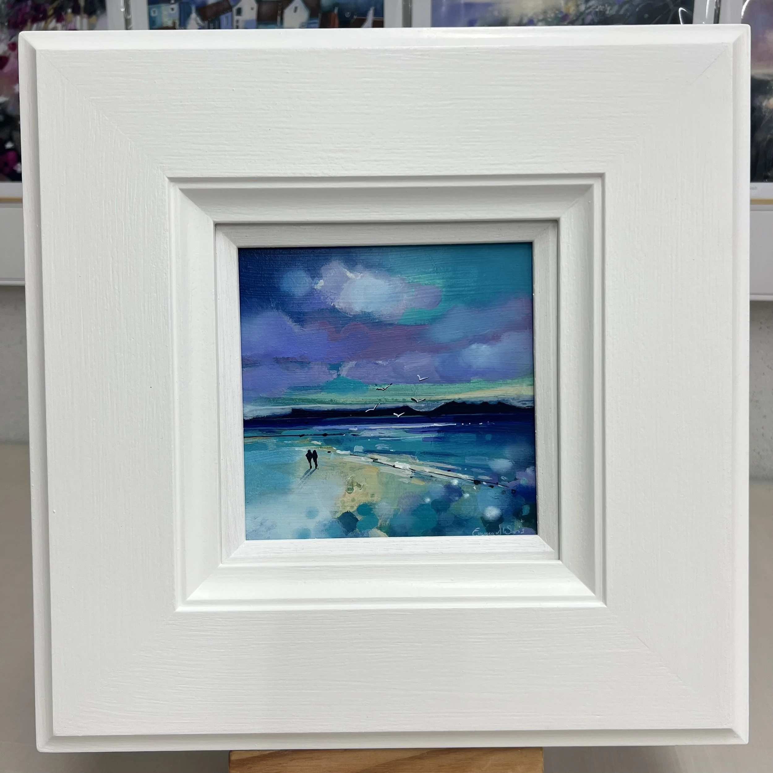 Original oil painting of Camusdarach Beach with white sands and turquoise sea by Scottish artist Emma S Davis. Framed view.