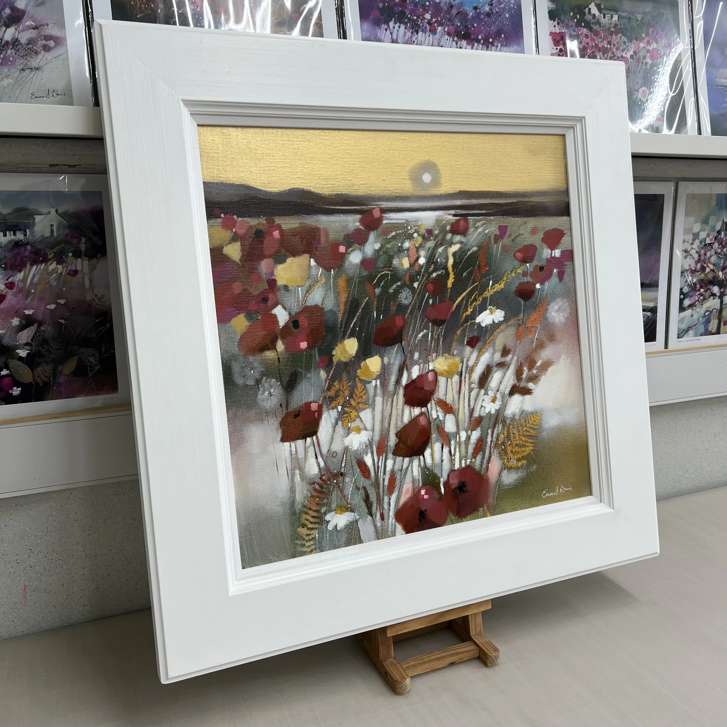 Framed original poppy landscape painting On Top of the World by Emma S Davis. Side view.