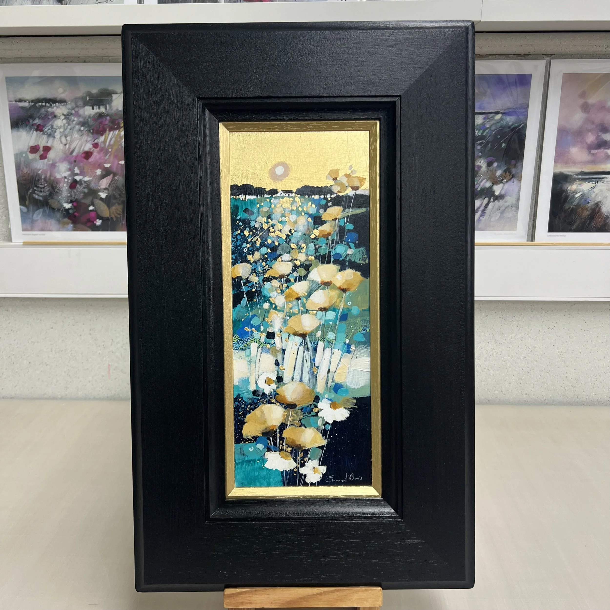 A Thousand Dreams original Scottish wildflower landscape painting with gold leaf. Framed view.