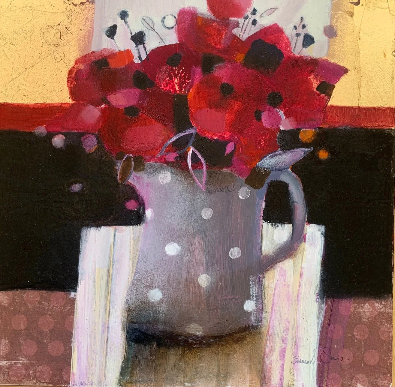 Poppies and Gold original oil and gold leaf floral painting by Scottish artist Emma S Davis featuring vibrant red poppies against a gold leaf background.