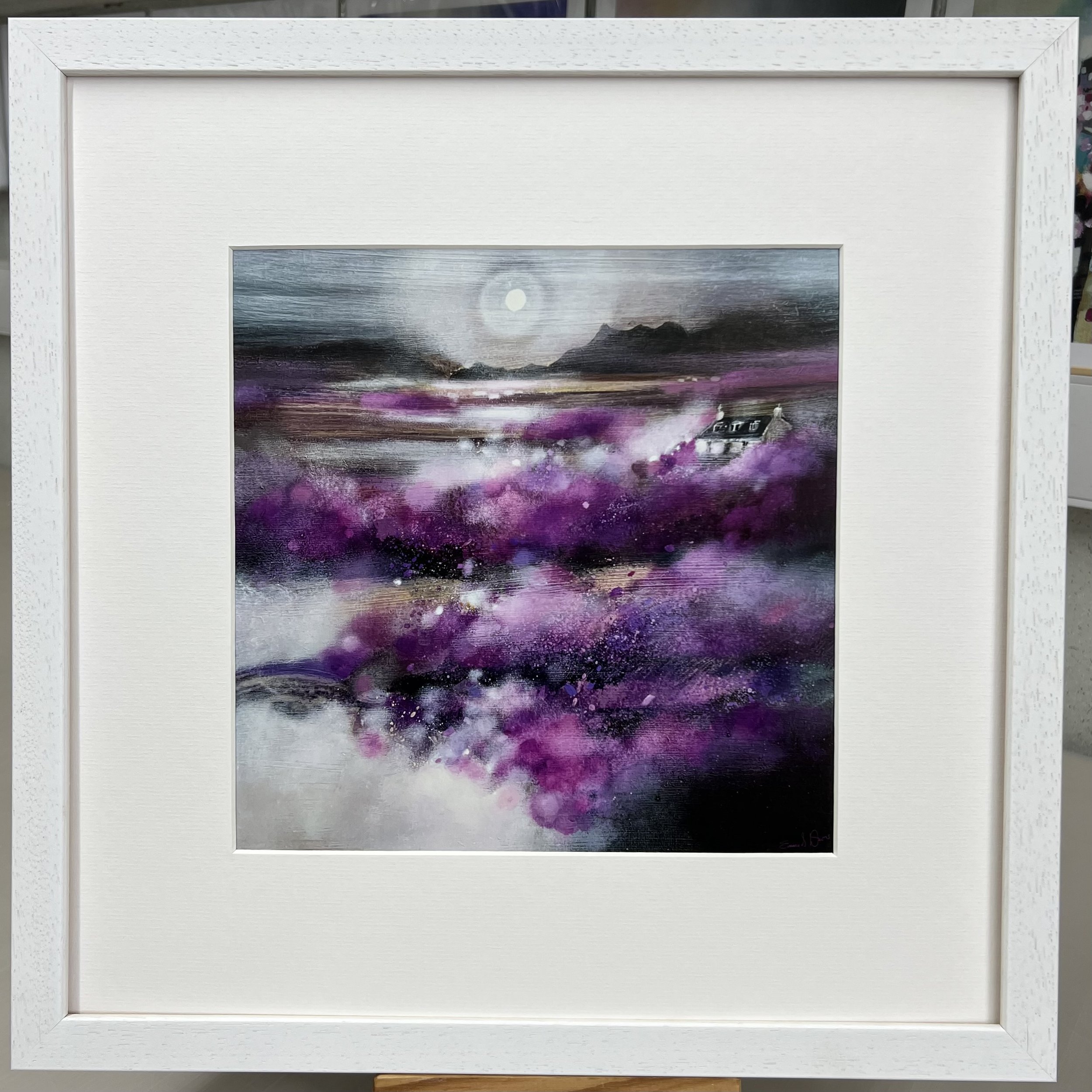 Isle of Skye Heather Scottish landscape artwork featuring purple heather inspired by the Isle of Skye by Emma S Davis Artist. White frame.