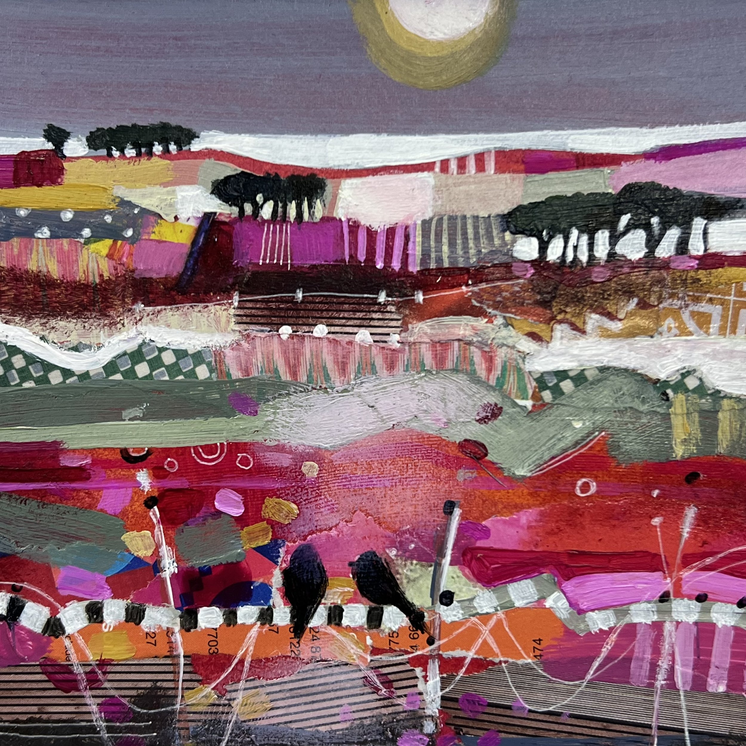 Colours of Autumn by Emma S Davis Artist, an abstract small original painting displaying fields of autumnal colours under a moonlit sky.