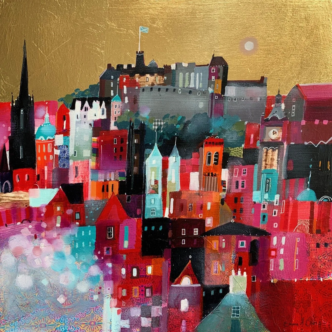 Original oil painting with gold leaf of Edinburgh Castle and the colourful Edinburgh skyline by Scottish artist Emma S Davis. Detailed view.
