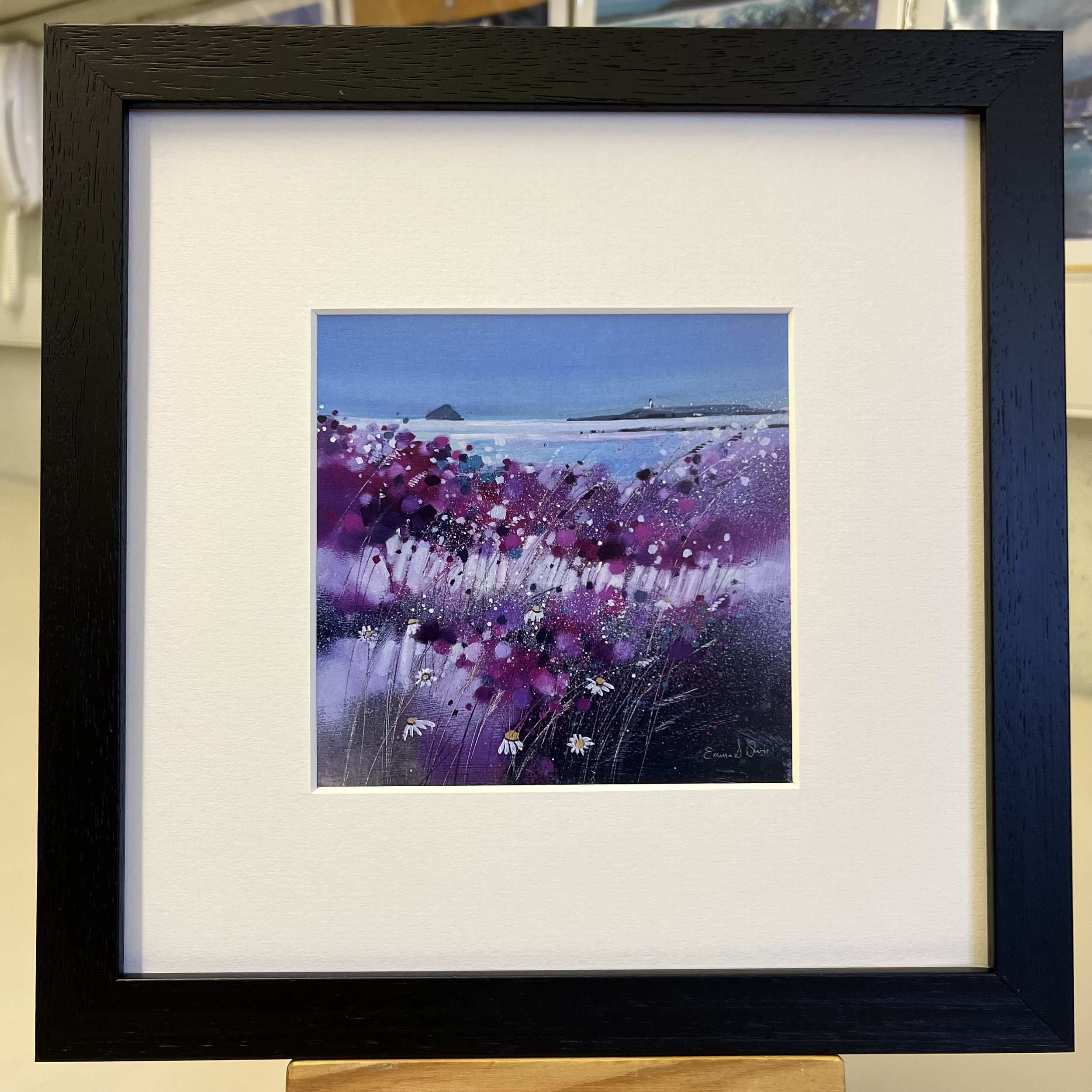 'Wildflowers, Kildonan, Arran' framed art card by Emma S Davis Scottish landscape artist framed in black
