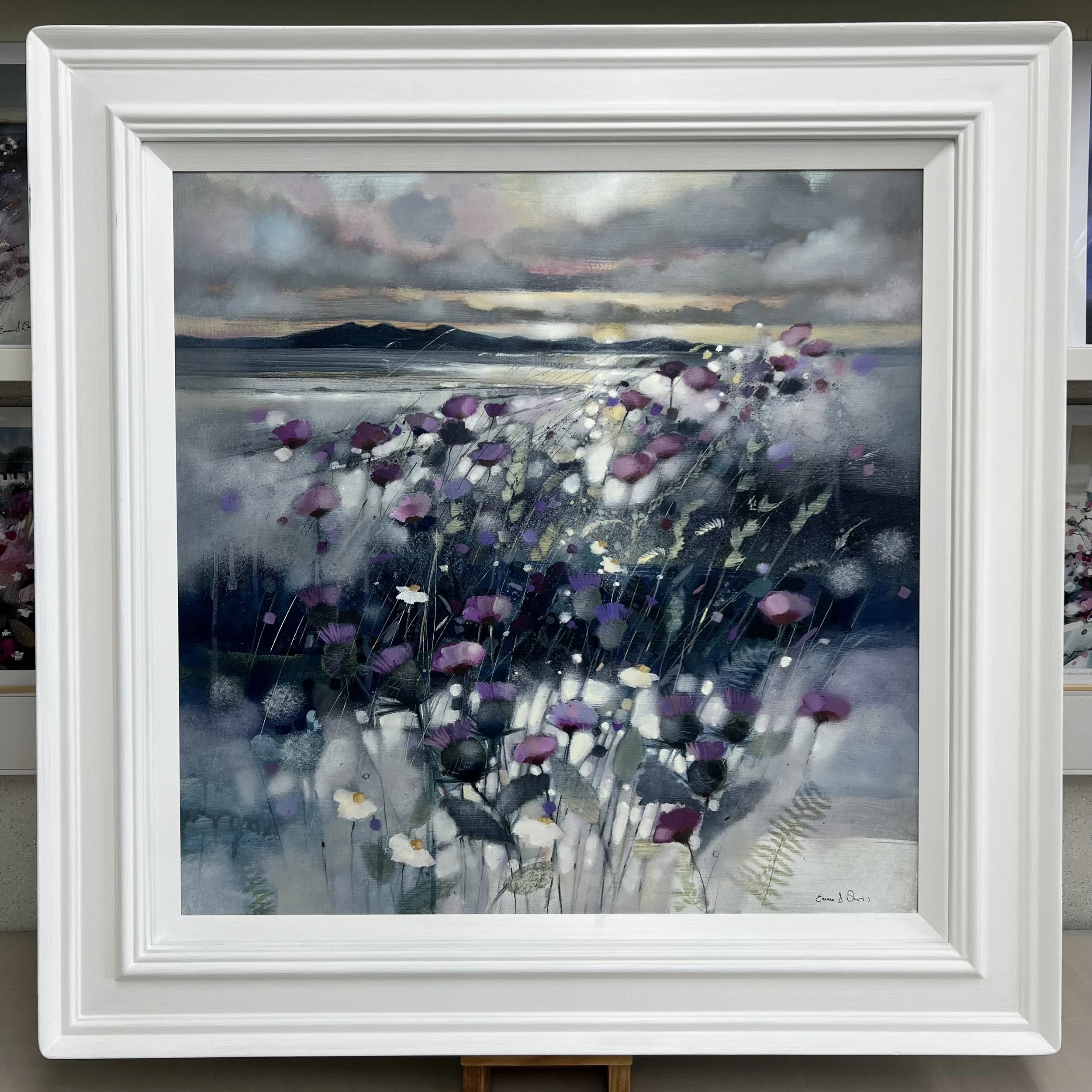 Framed Scottish landscape painting Sunset Thistles and Arran featuring the Isle of Arran and coastal wildflowers