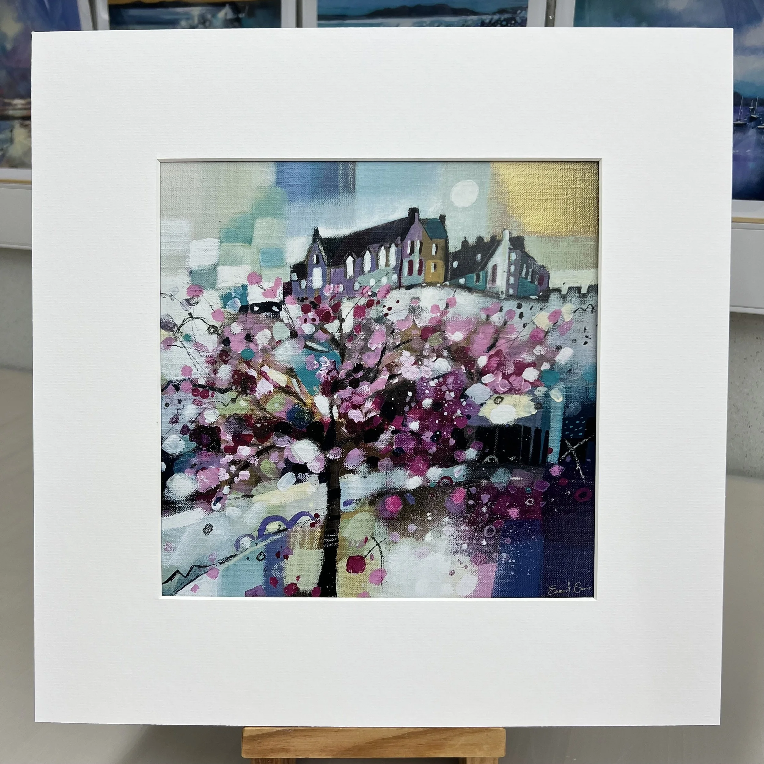 Blossom trees in Princes Street Gardens below Edinburgh Castle come to life in Emma S Davis Artist's open edition mounted art print.