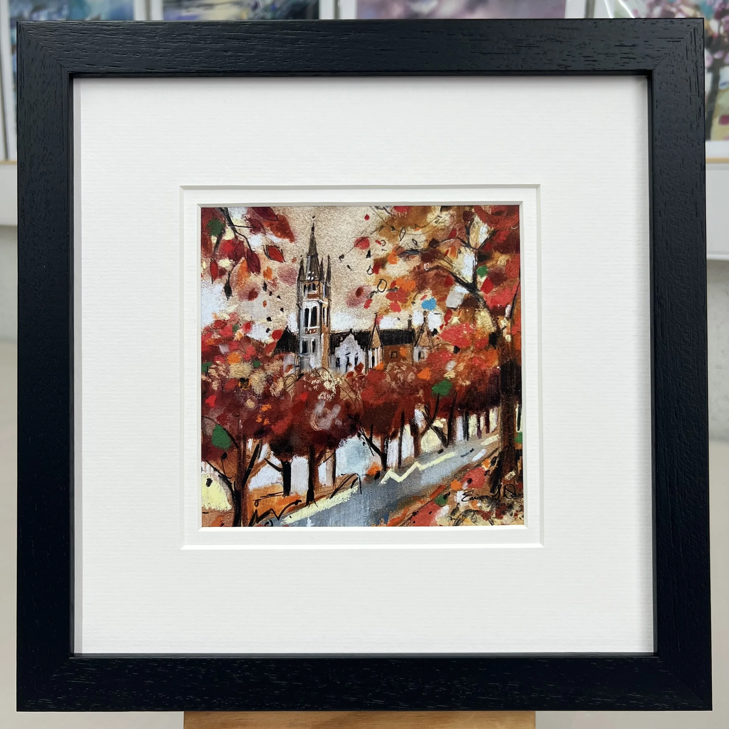 Framed Art Card Glasgow University in Autumn by Scottish Landscape Artist Emma S Davis. Black Frame Double Mount