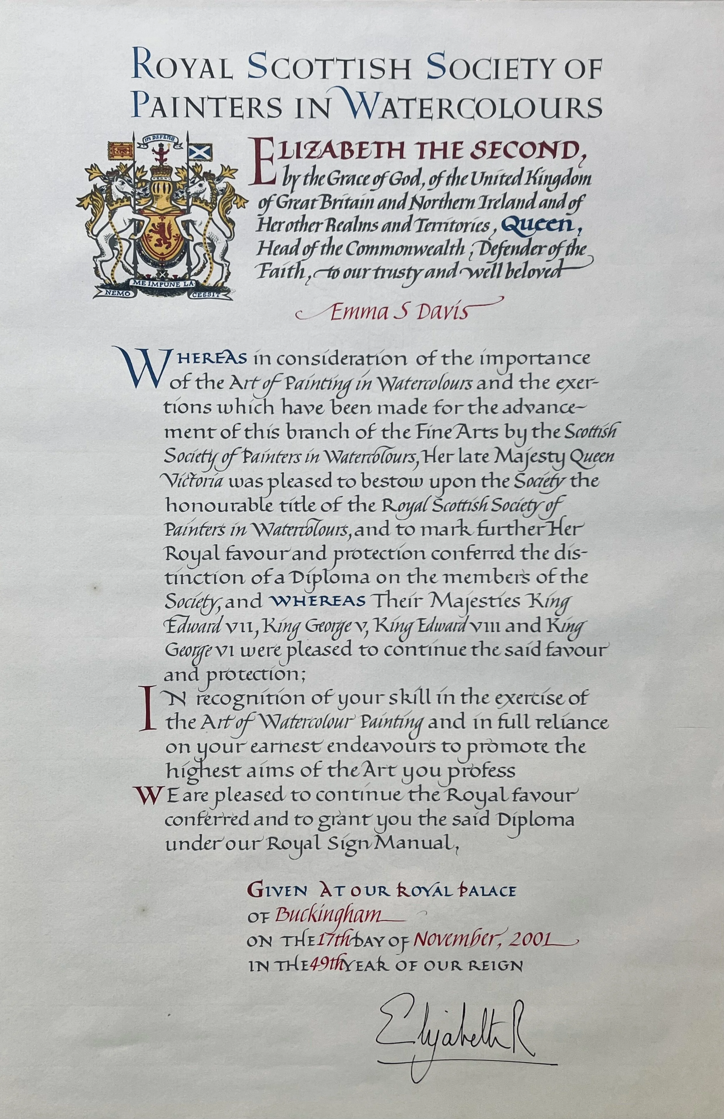 Emma S Davis RSW Diploma, awarded by Her Majesty Queen Elizabeth in 2001. A cherished moment in my artistic career.