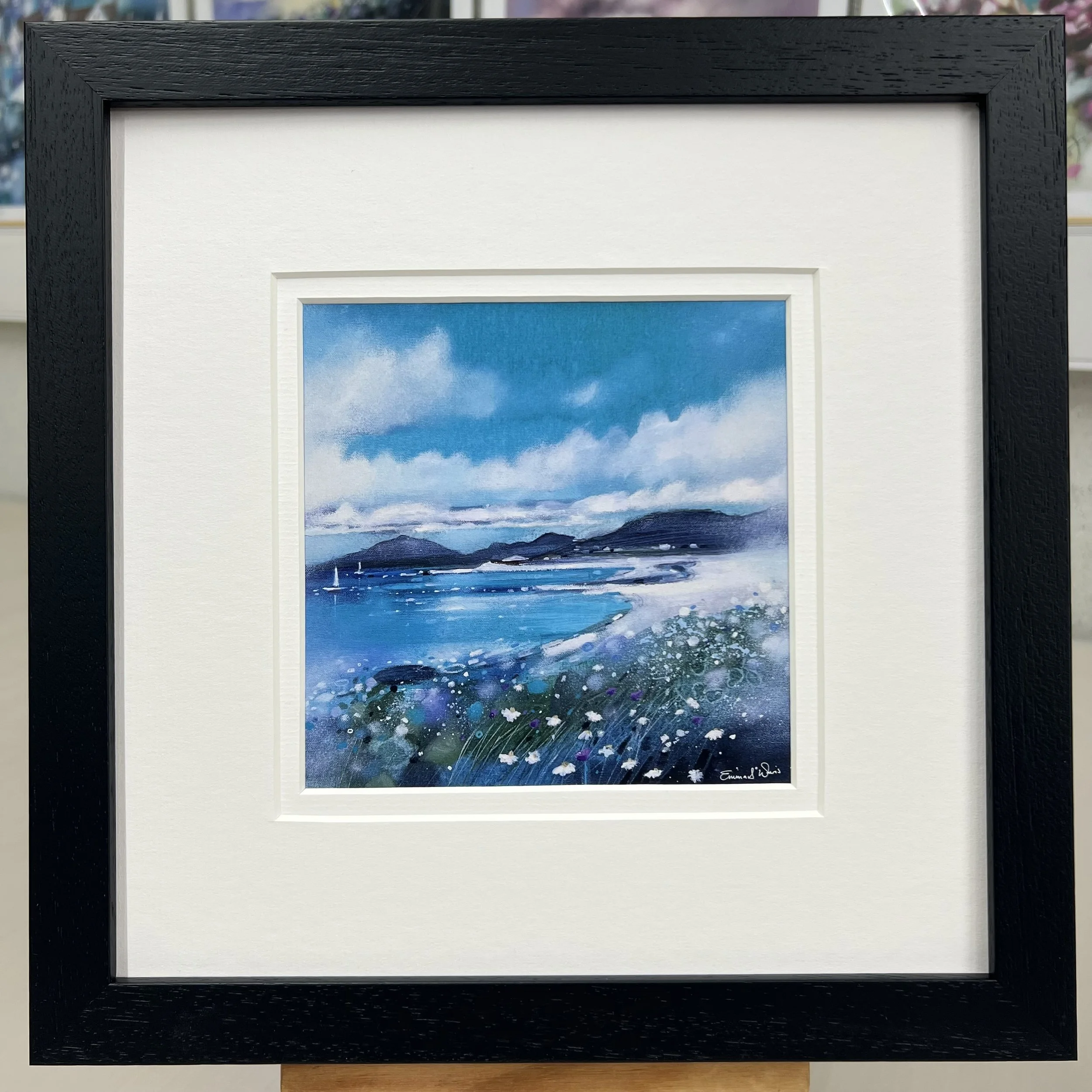 Framed Art Card Luskentyre Beach, Harris, Hebrides by Scottish Landscape Artist Emma S Davis. Black Frame Double Mount