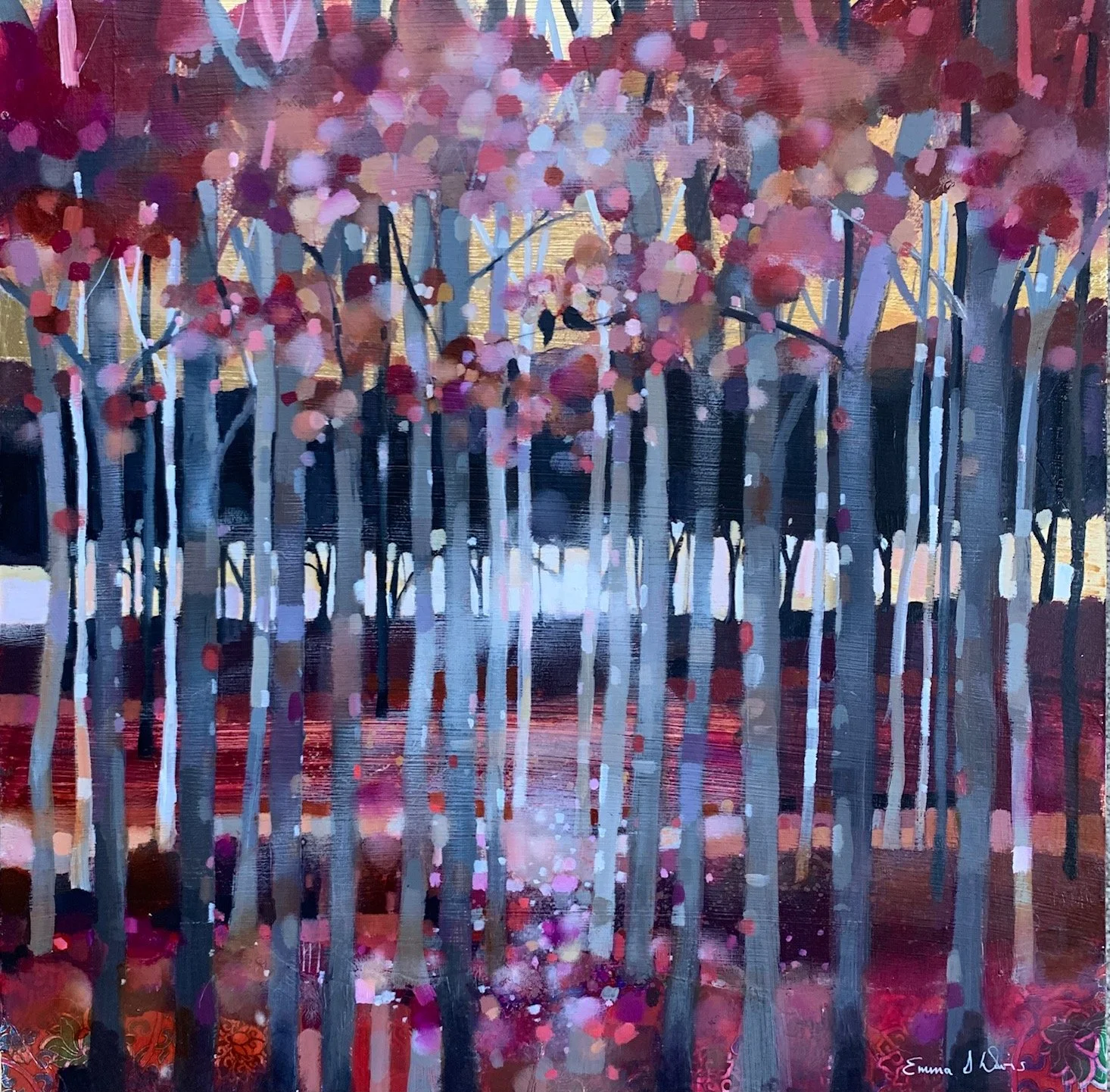Original oil painting of two birds perched in a silver birch woodland with pink blossom and golden light by Scottish artist Emma S Davis. Close-up view.