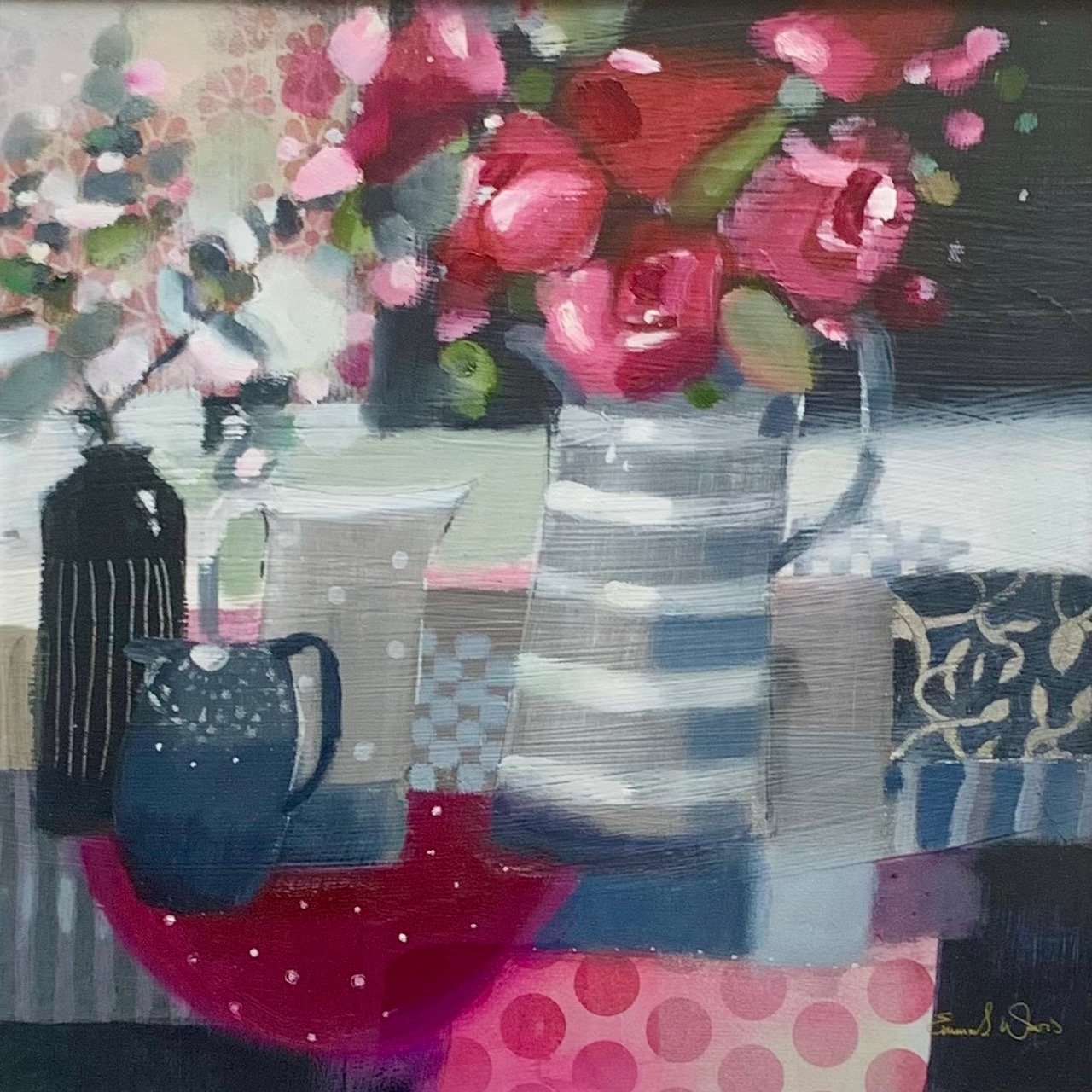 Always and Forever original mixed media floral still life painting by Scottish artist Emma S Davis featuring contemporary ceramic vessels and pink flowers.