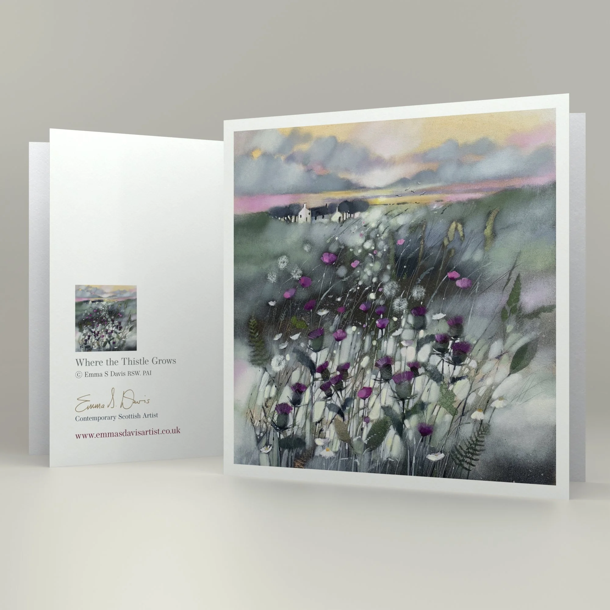 The thistle, Scotland's national flower sways amongst other wildflowers in Emma S Davis Artist's stunning landscape painting produced as an art greetings card.