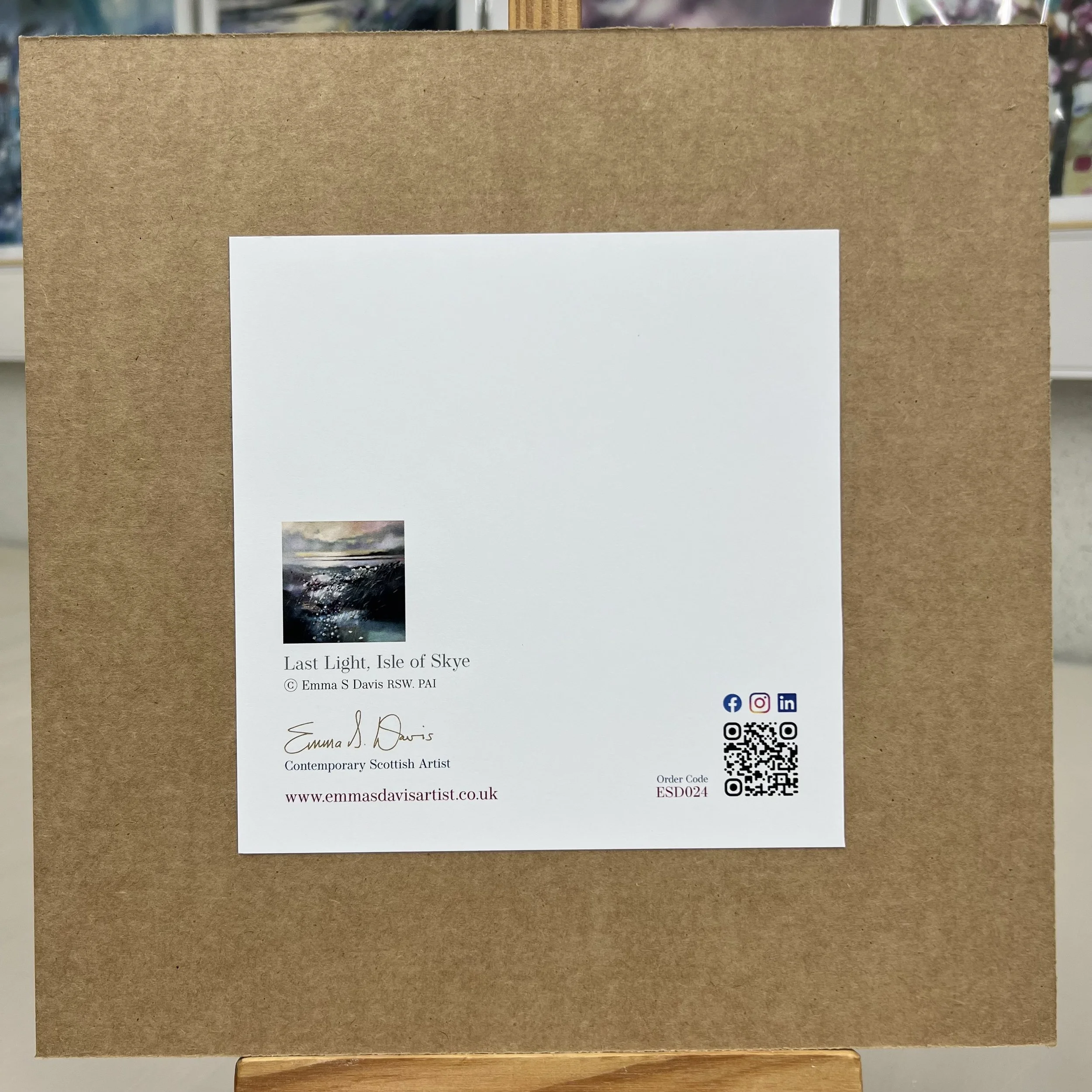 Greetings Card Isle of Skye View by Scottish Landscape Artist Emma S Davis. Mounted option rear view.