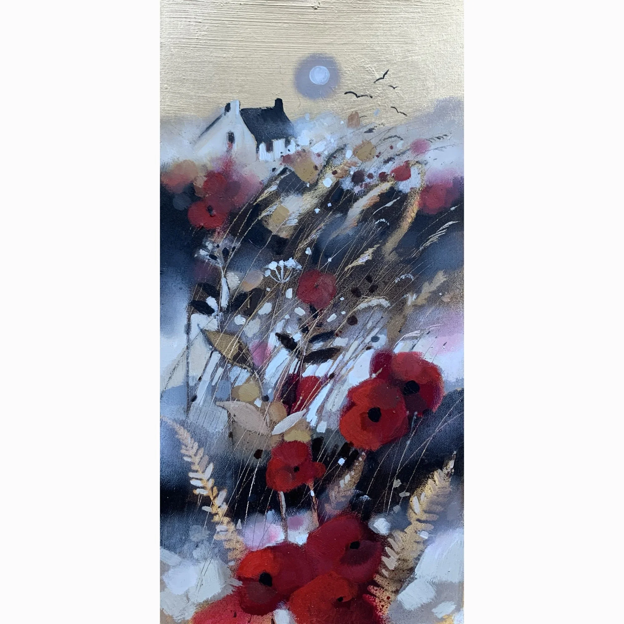 Original moonlit cottage painting titled Fly Me to the Moon featuring red poppies and wildflowers by Emma S Davis