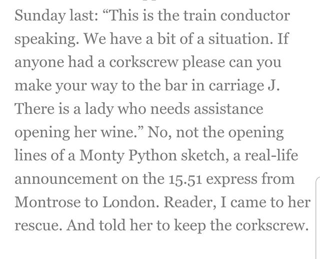 Wrote a piece about keeping a corkscrew in my handbag for @timatkinmw. My most personal column to date, and the most fun to write