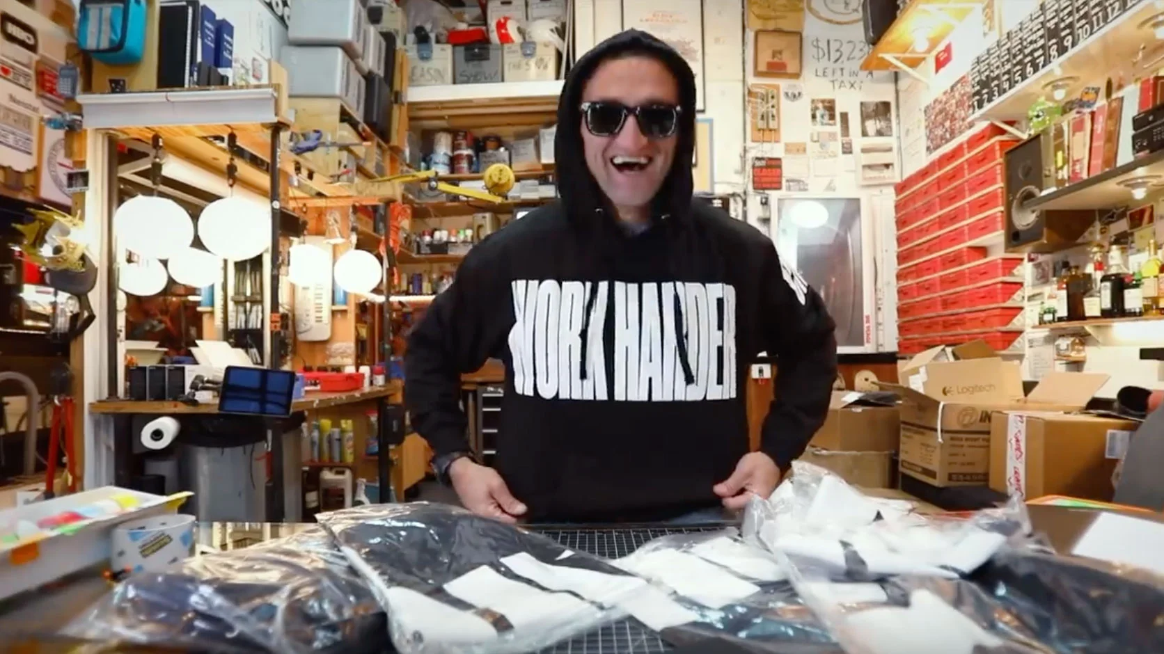 YouTuber Casey Niestat wearing his merchandise.