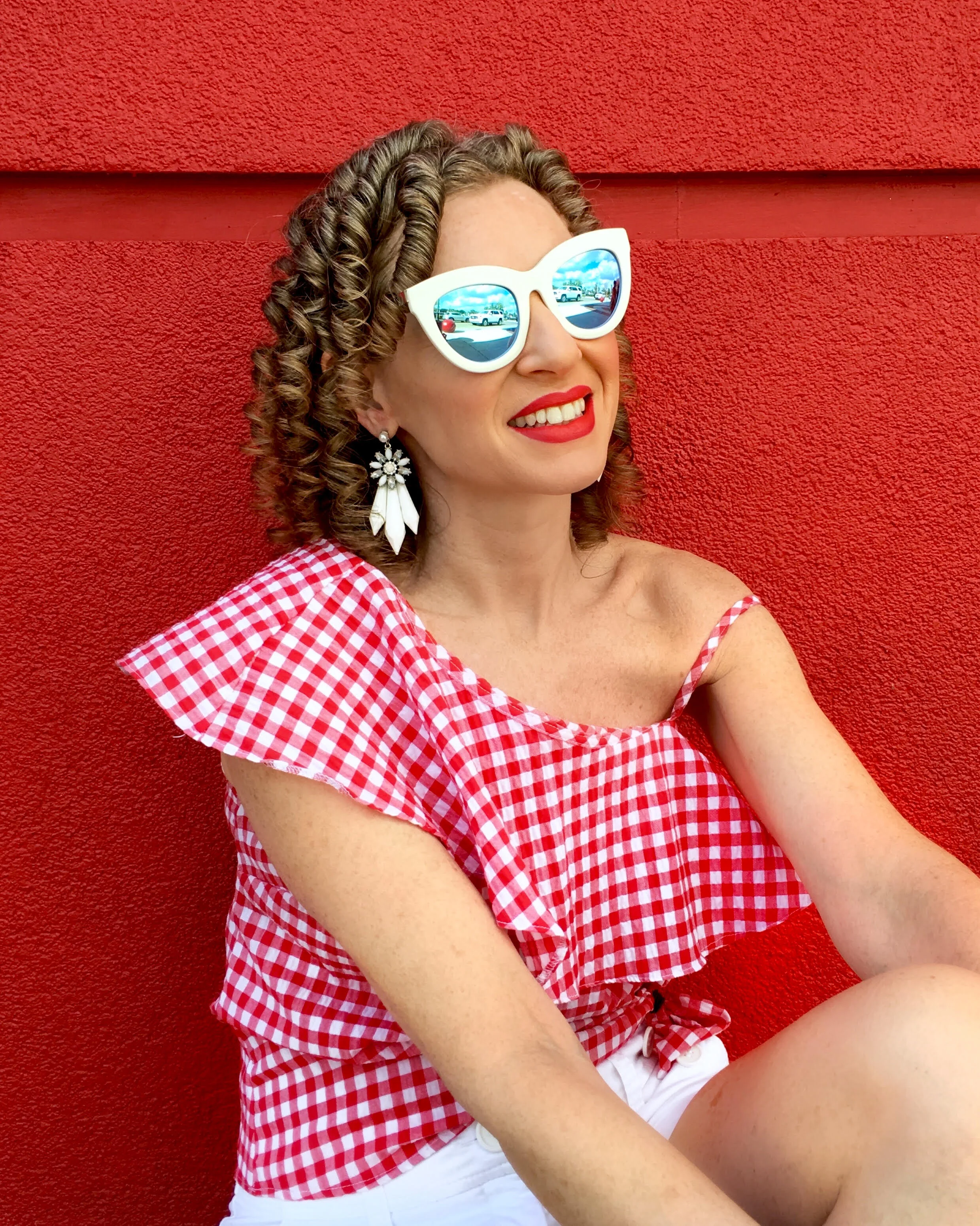 Gingham top by New Look with H&M earrings and shorts and Quay Australia eyewear, shopping at University Town Centre