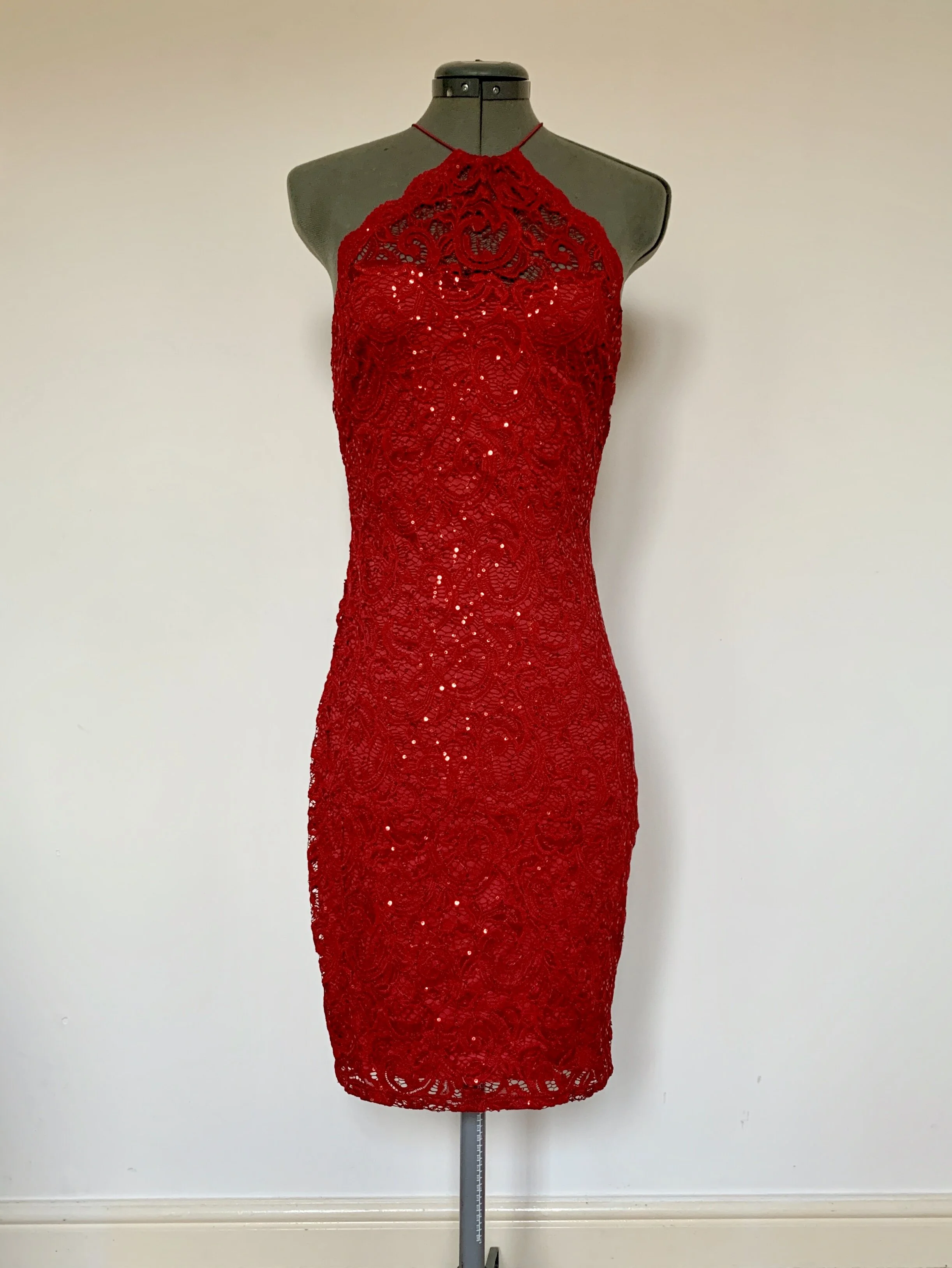 Red Lace Embellished Halter Dress
