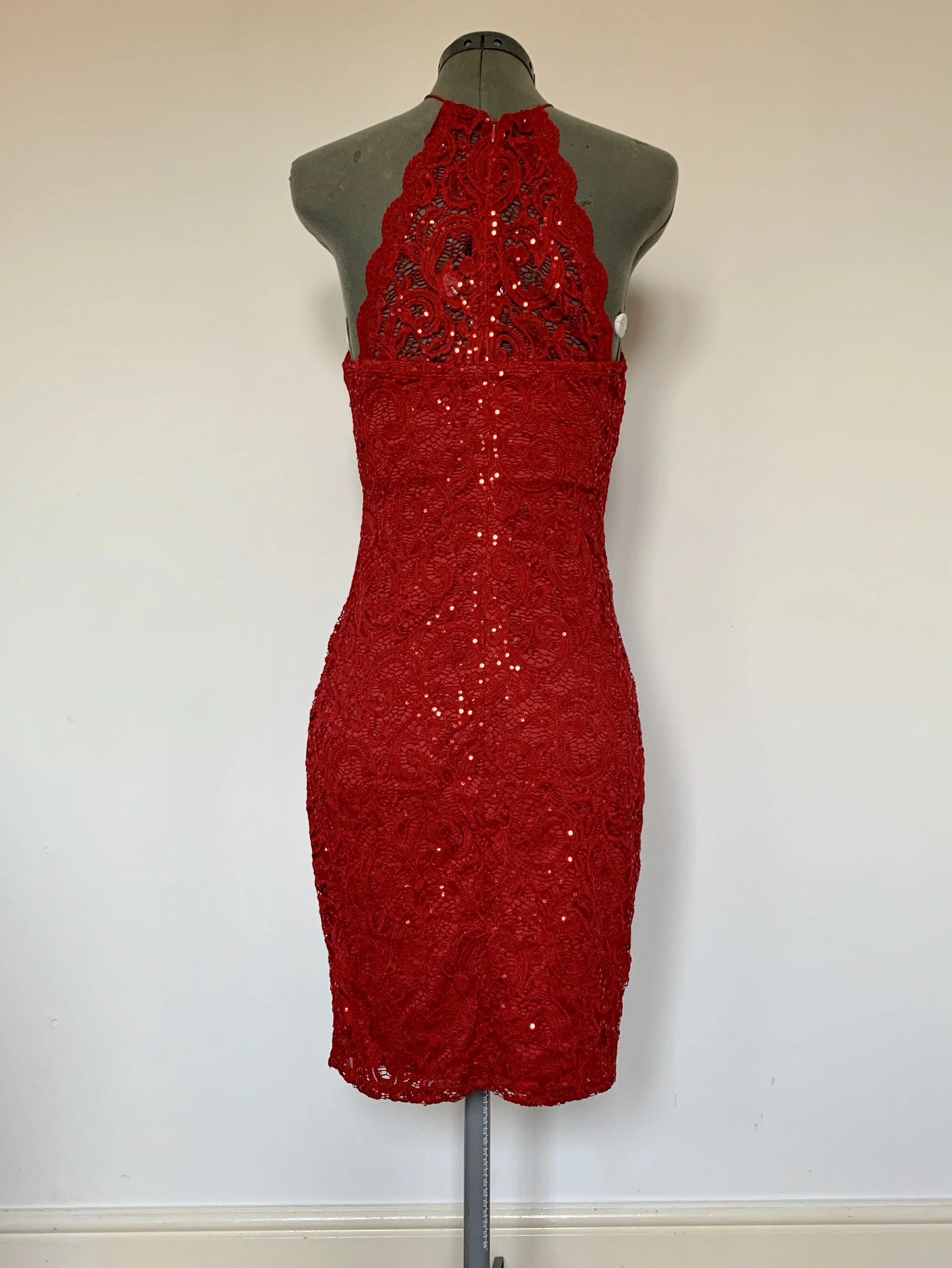 open lace back dress Sherri Hill Lace Halter Fitted Prom Dress 56135 Red / 8 main image 1